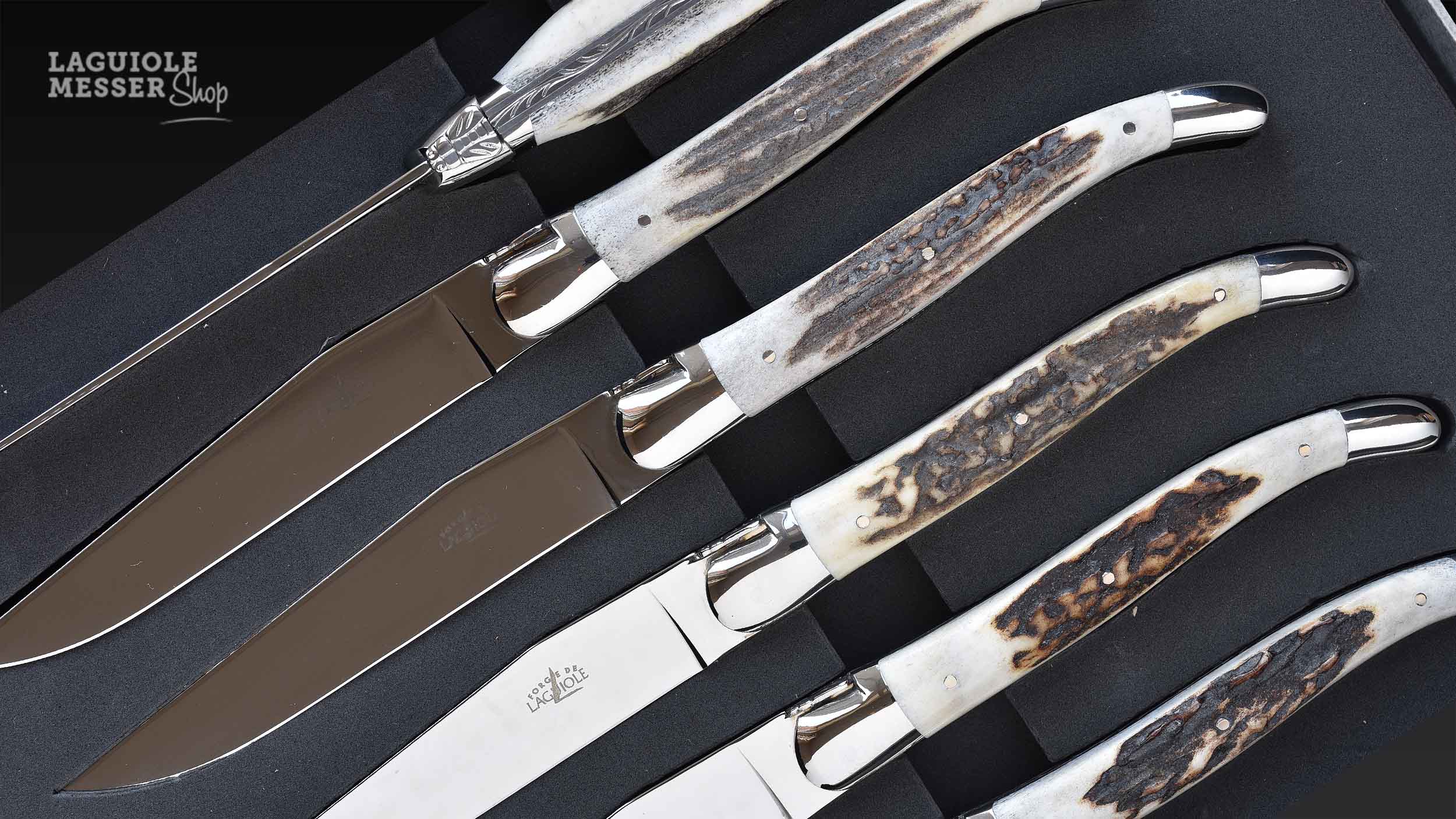 Forge de Laguiole Steakmesser-Set mit Hirschhorngriffen in Aufbewahrungsbox