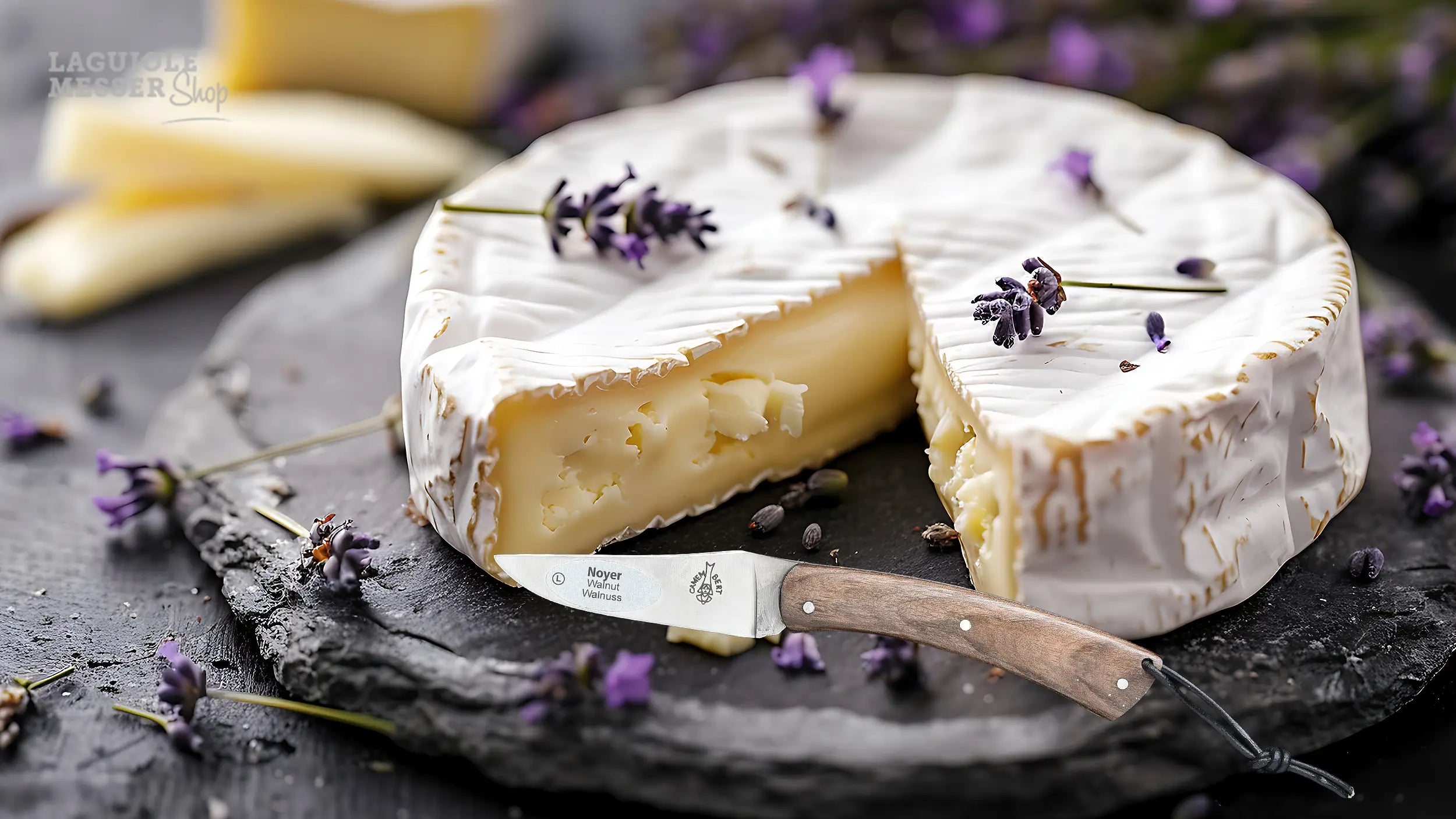 CAMEMBERT Messer von Laguiole en Aubrac mit Wacholderholzgriff vor angeschnittenem Camembert auf Schieferplatte