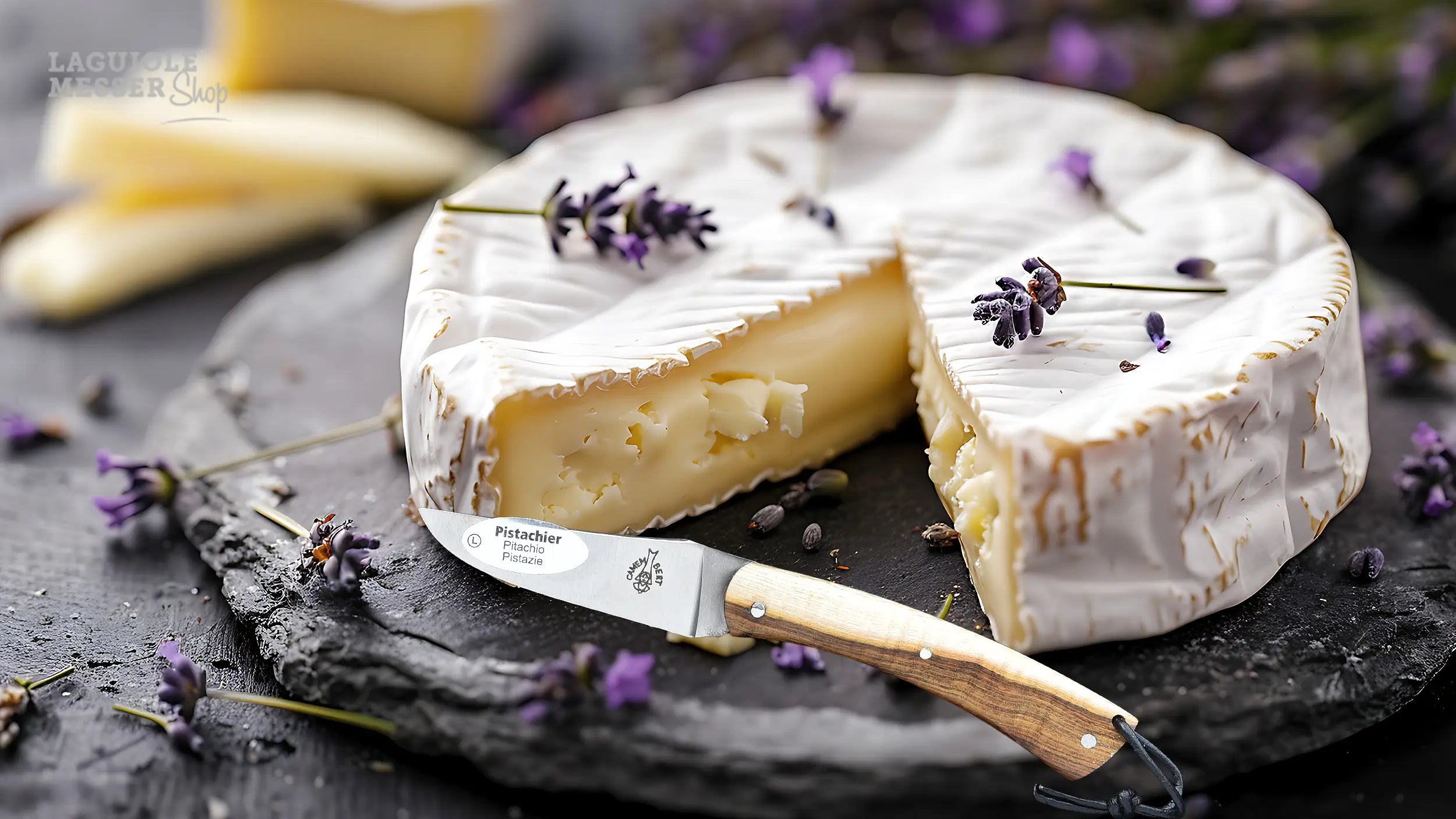 CAMEMBERT Messer von Laguiole en Aubrac mit Pistazienholzgriff vor angeschnittenem Camembert auf Schieferplatte