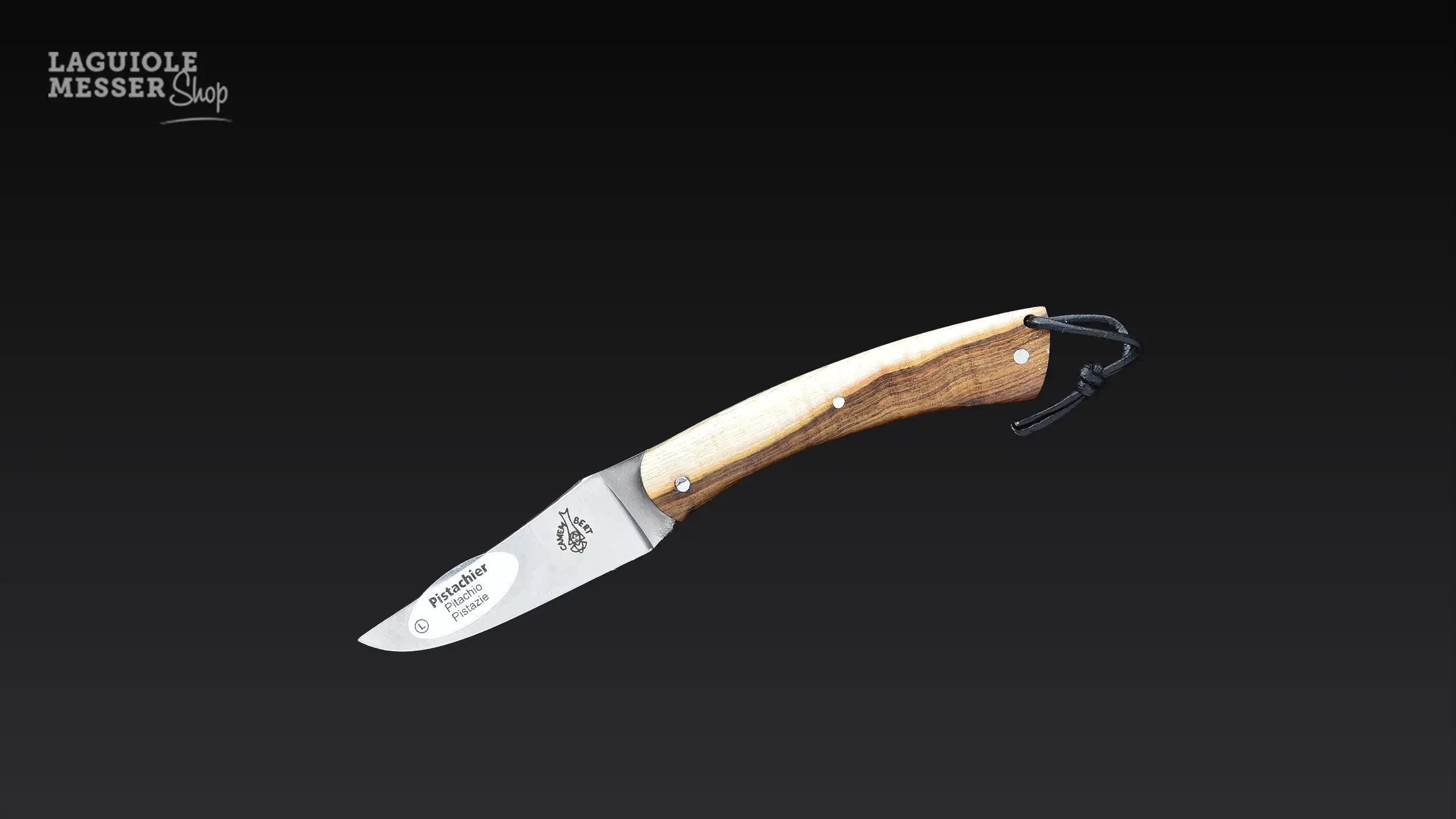CAMEMBERT Messer von Laguiole en Aubrac mit Griffschalen aus Pistazien und gelasertem Emblem auf der Klinge