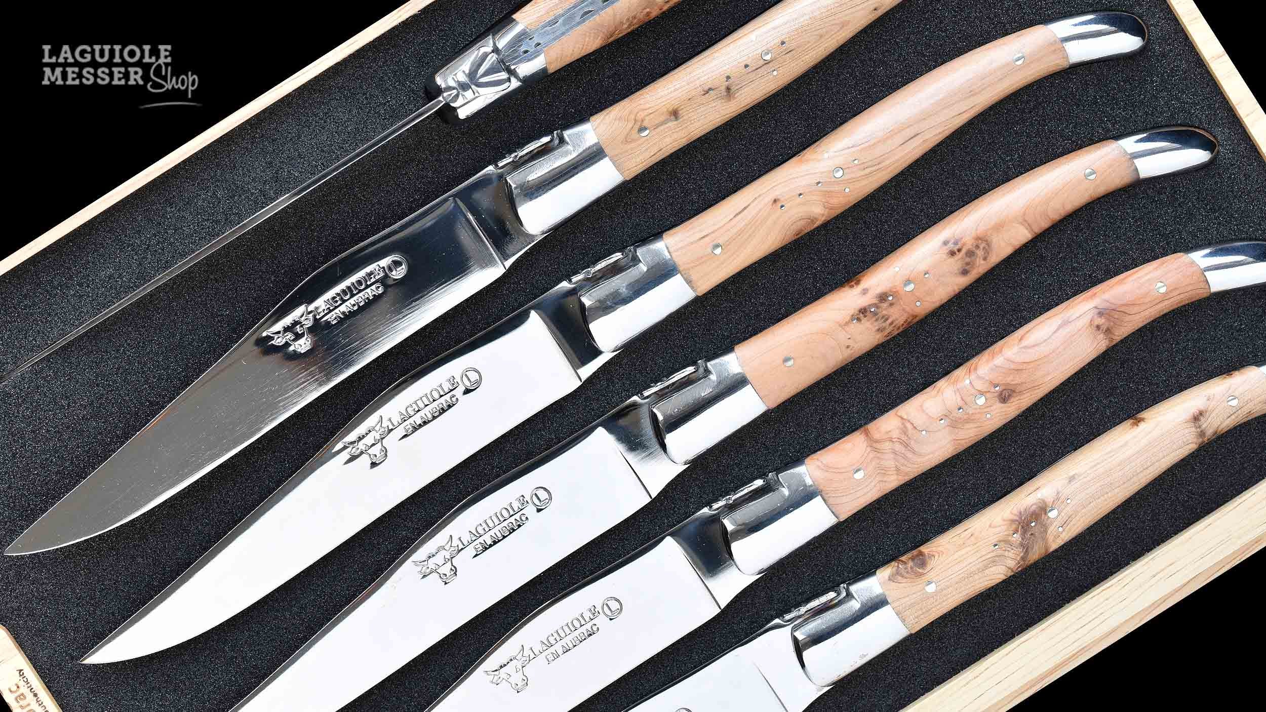 Laguiole en Aubrac, Steakmesserset mit polierter Klinge und satinierter Mouche, Wacholderholz in Original Verpackung