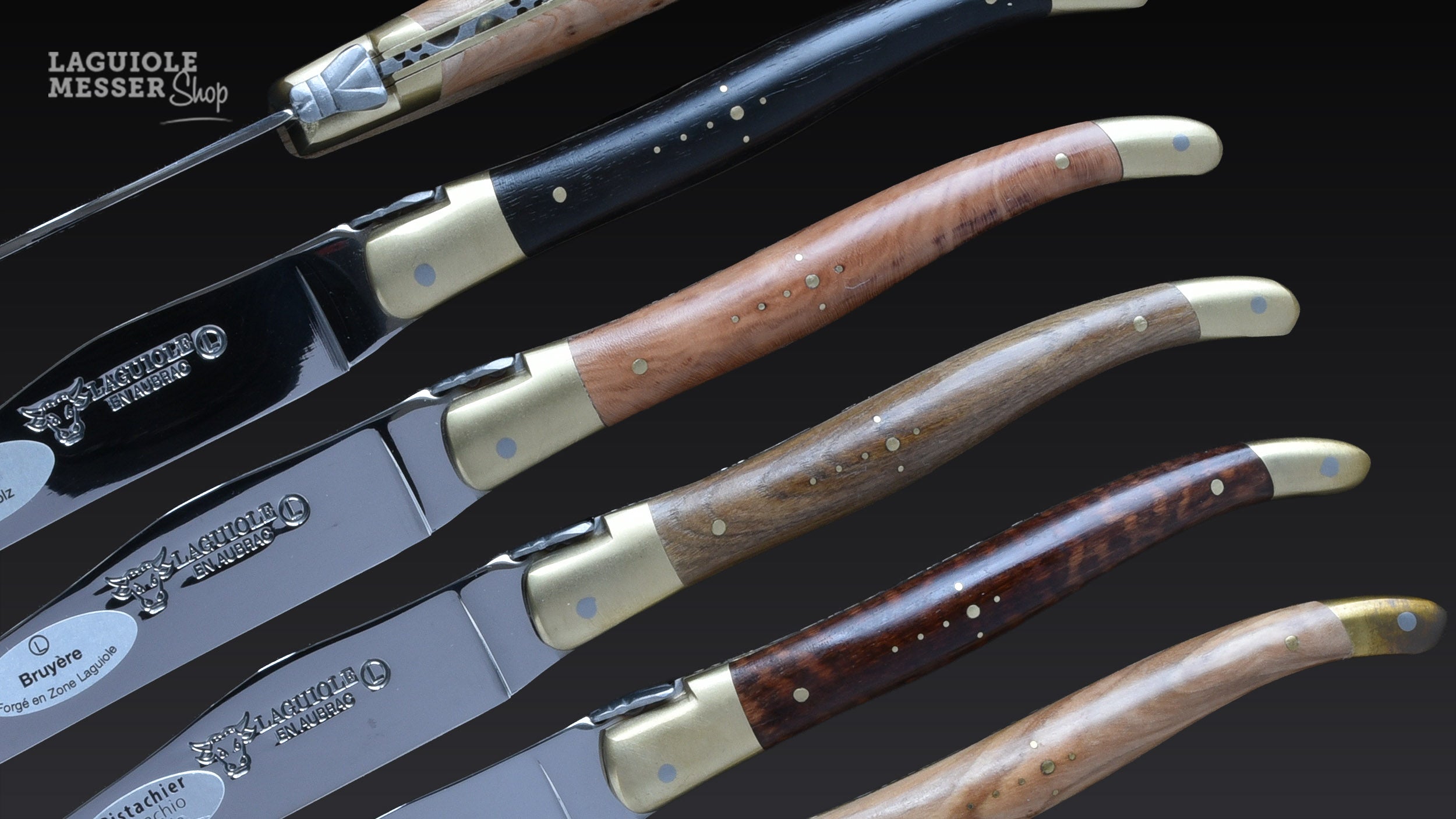 Unterschiedliche Holzarten mit individueller Maserung bei Laguiole en Aubrac Steakmessern