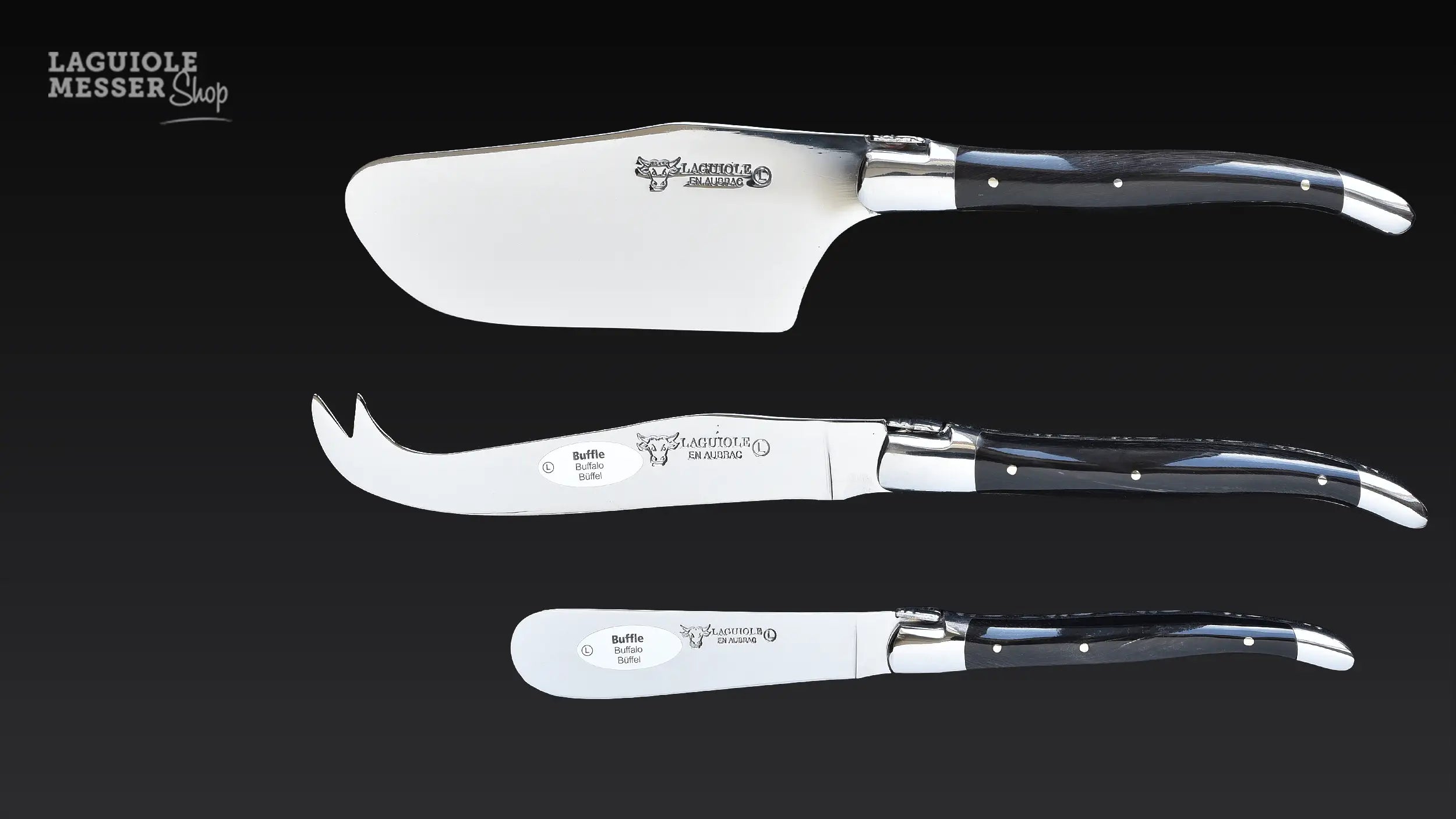 3-teiliges Laguiole Käsemesser-Set von Laguiole en Aubrac mit Büffelhorngriffen