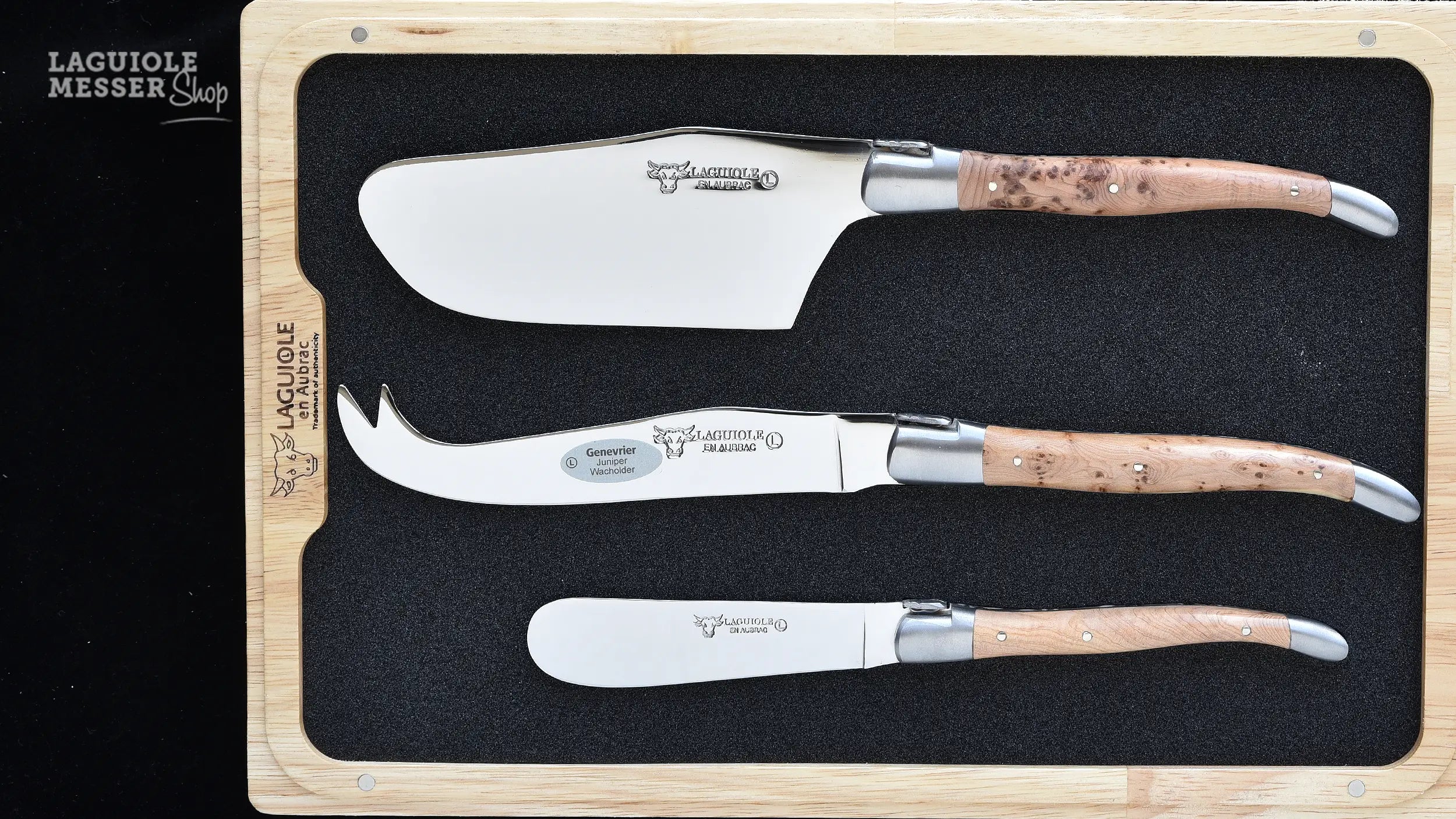 3-teiliges Laguiole Käsemesser-Set von Laguiole en Aubrac mit Wacholderholzgriffen in Holzschatulle