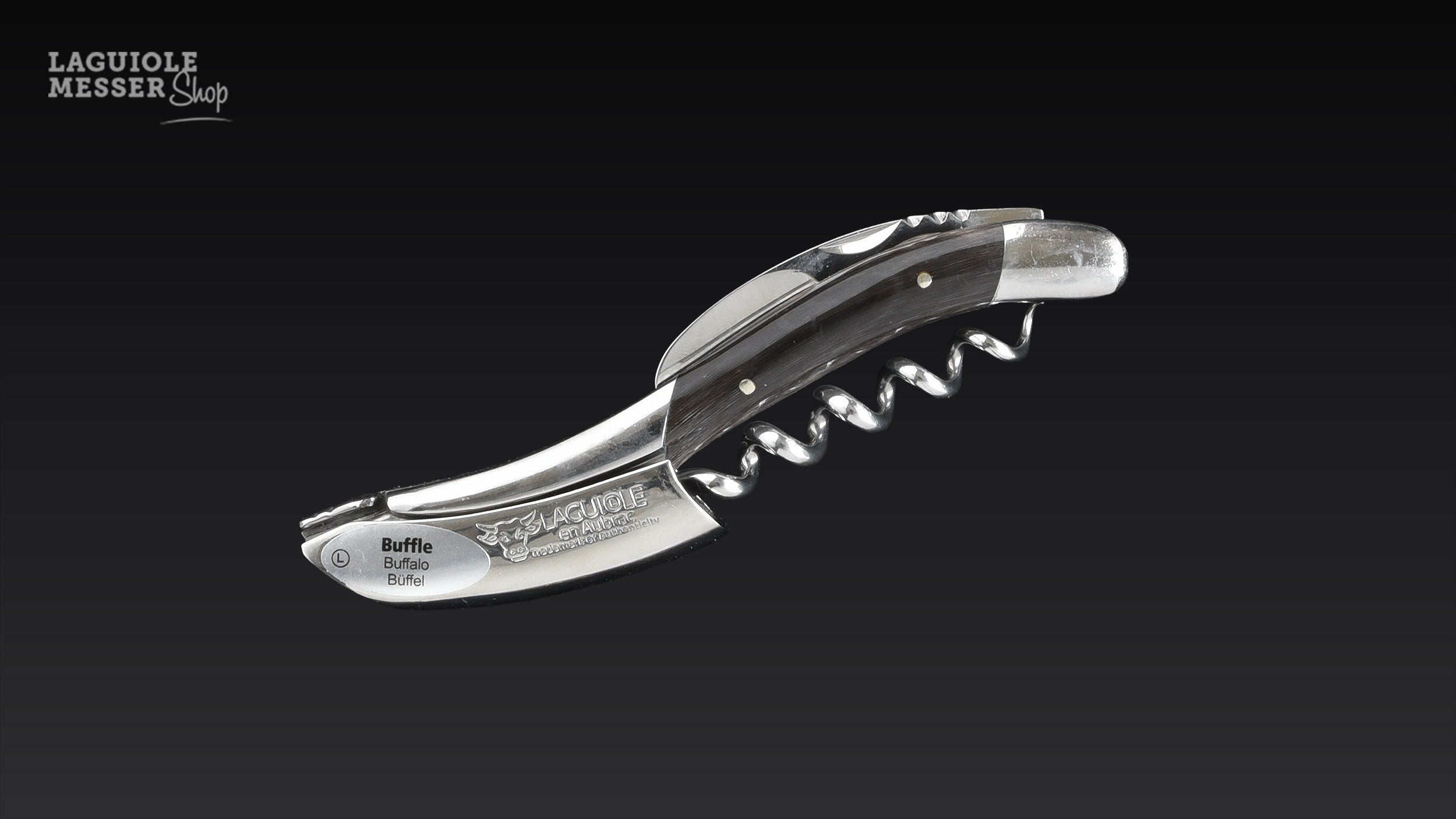 Honoré Durand Laguiole Sommelier Taschenmesser mit Griff aus schwarzem Büffelhorn, geschlossen dargestellt