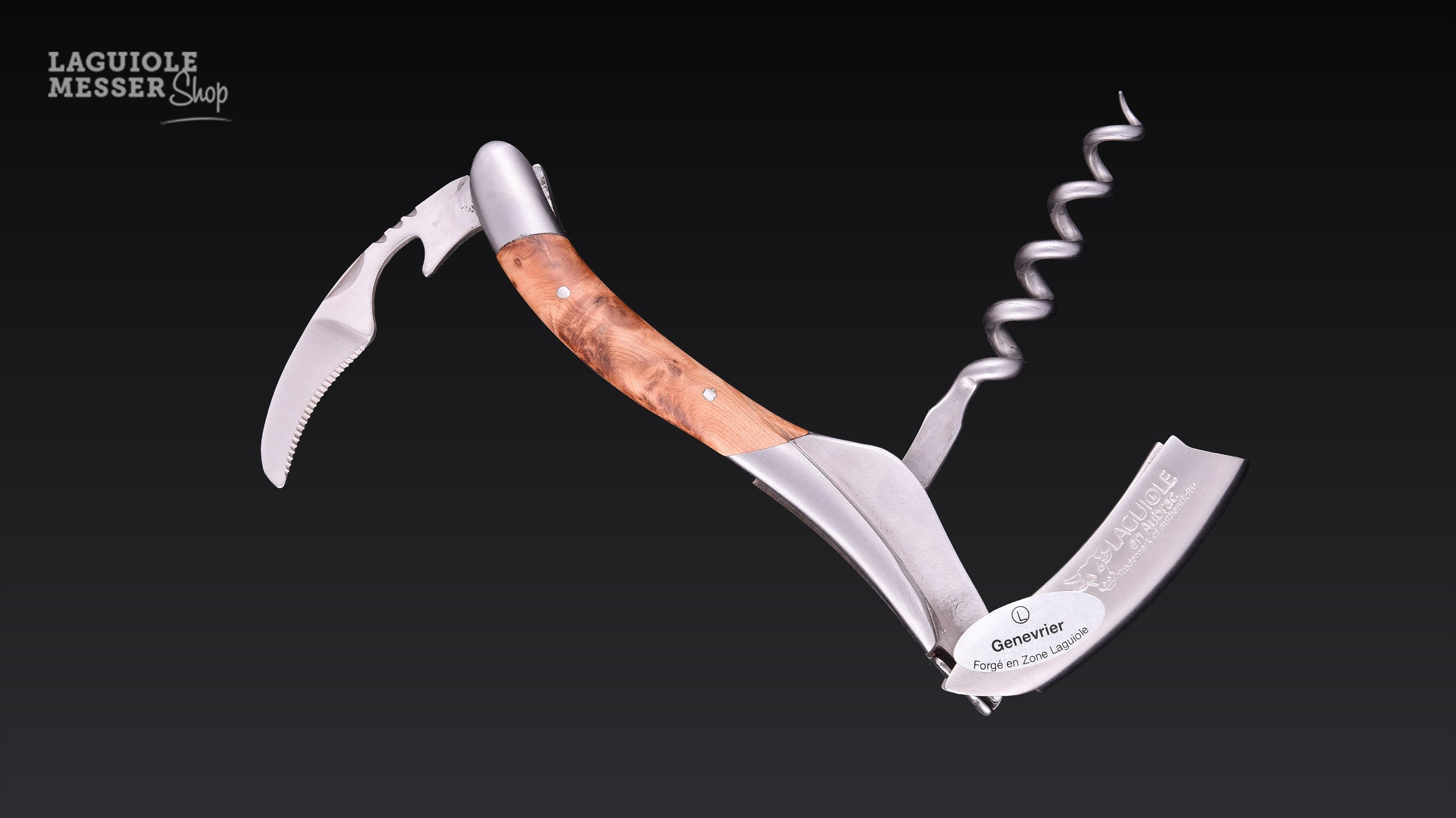 Laguiole en Aubrac Sommelier Taschenmesser mit geöffnetem Kapselschneider und sichtbarem Korkenzieher