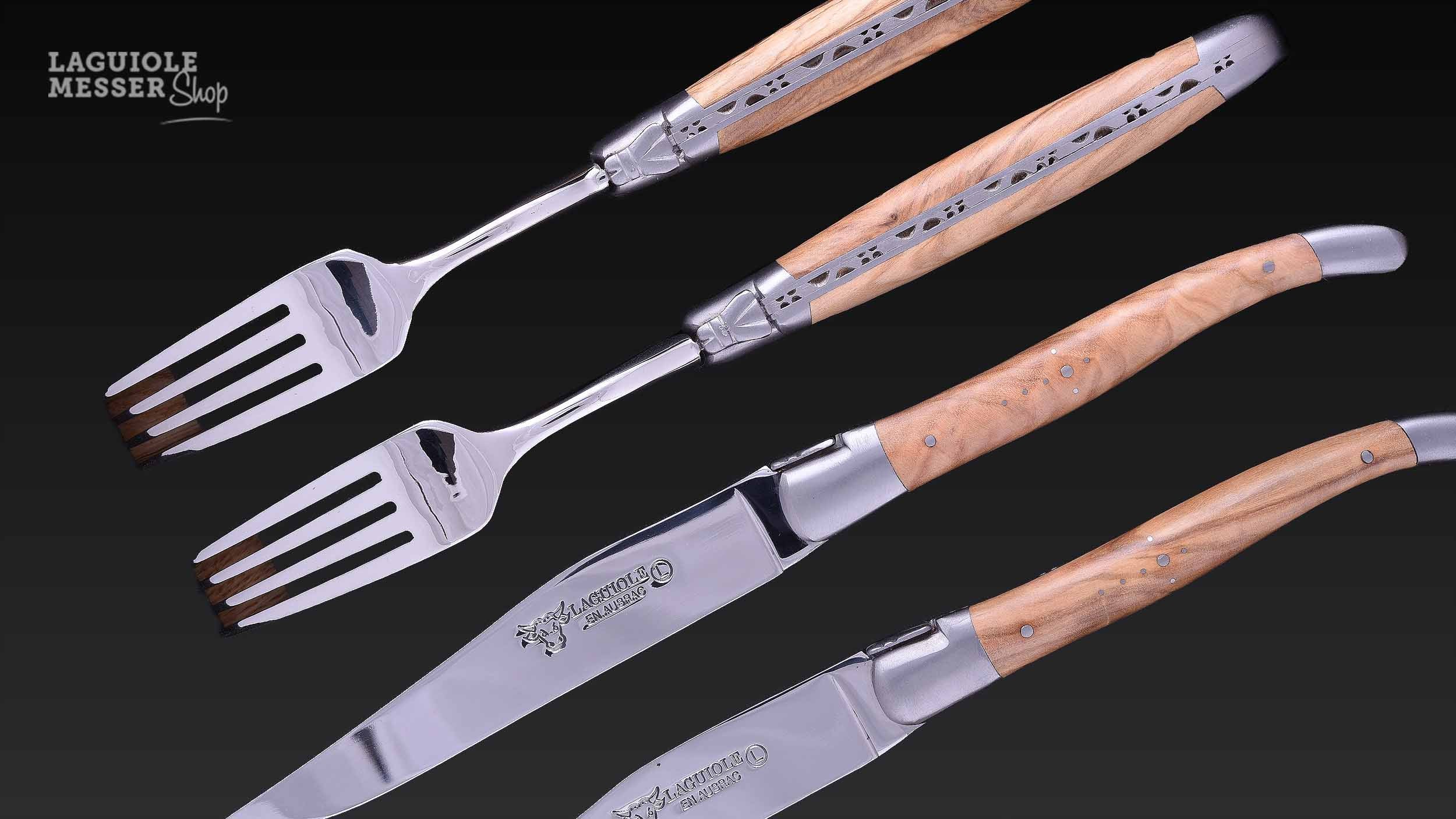Laguiole en Aubrac Tête-à-Tête Besteckset mit Olivenholzgriffen brilliant