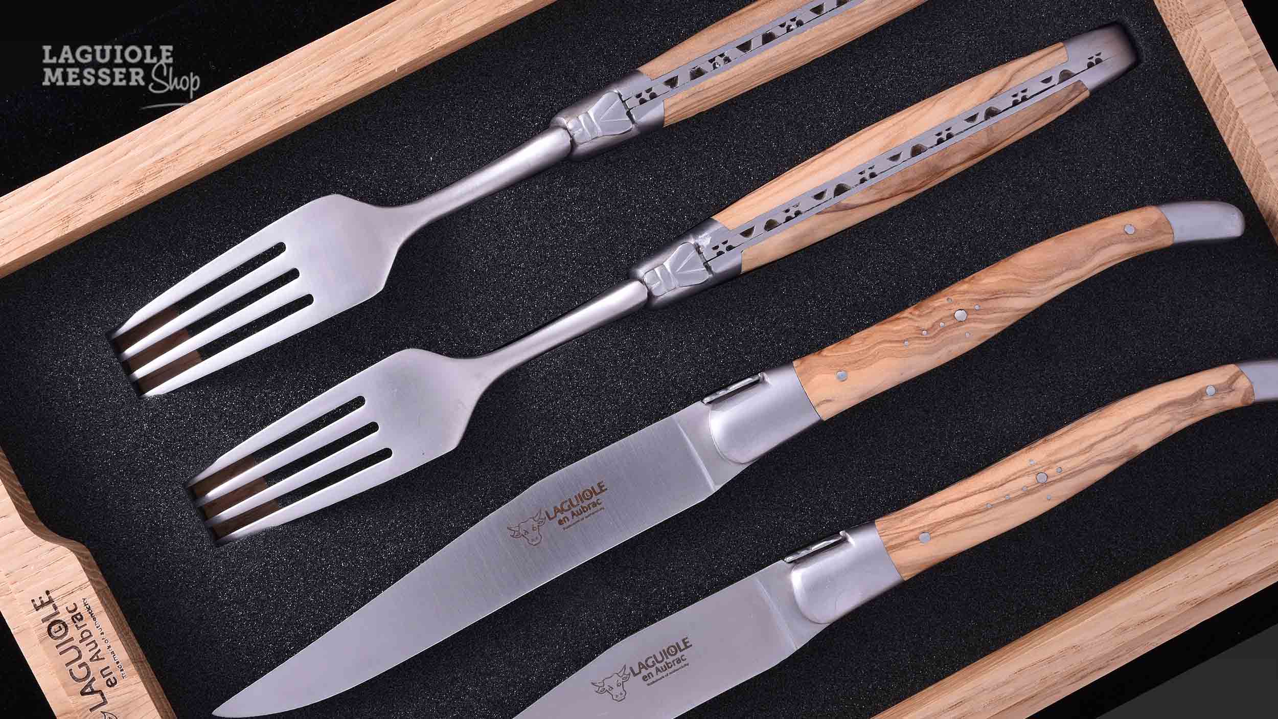 Laguiole en Aubrac Tête-à-Tête Besteckset mit Olivenholzgriffen satiniert