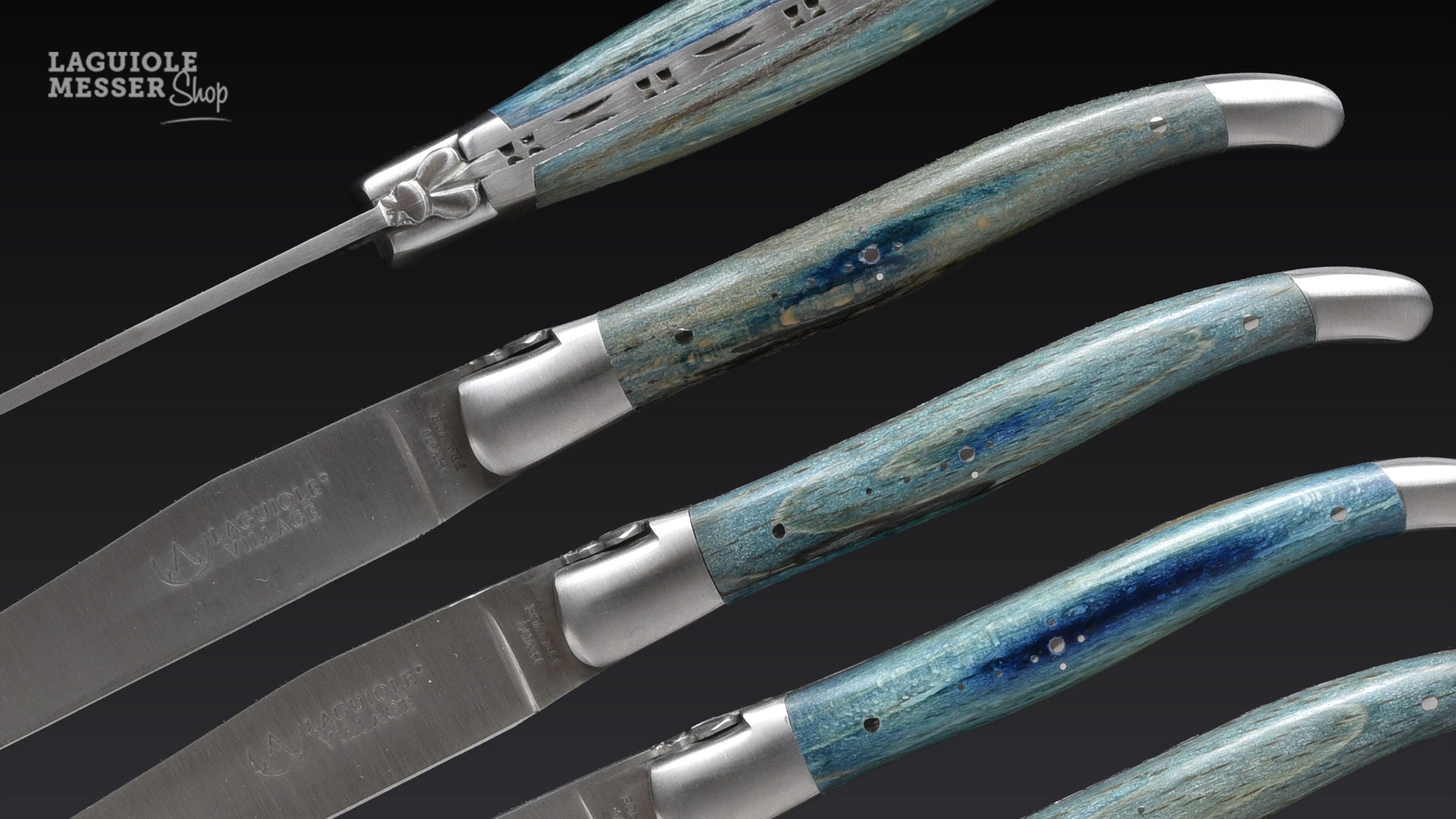 Stabilisierte Buchenholz-Griffschalen in Blau bei Laguiole Village Steakmessern