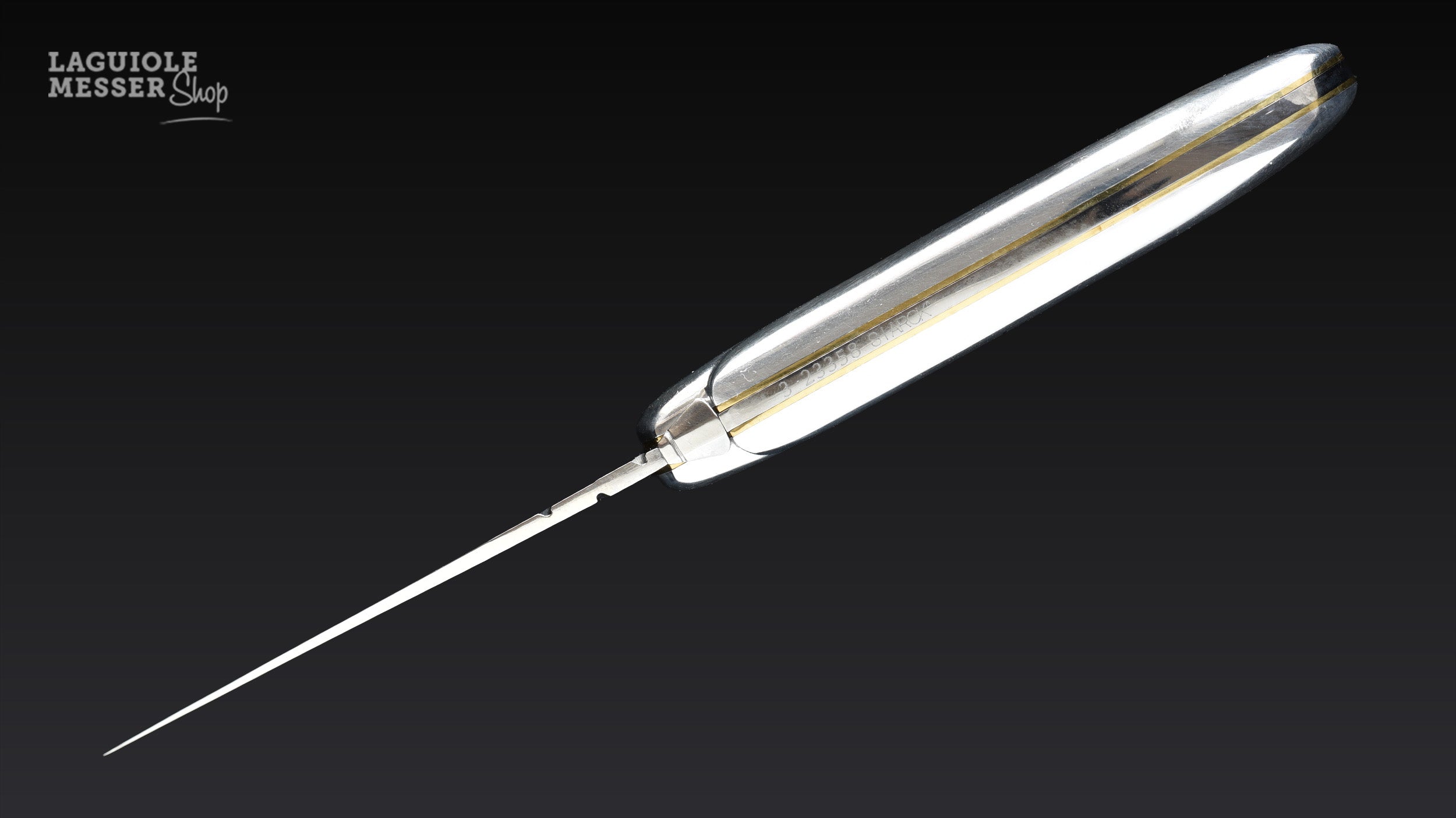Forge de Laguiole Philippe Starck Taschenmesser mit schlankem Aluminiumgriff, Messingstreifen und sichtbarem Messerrücken