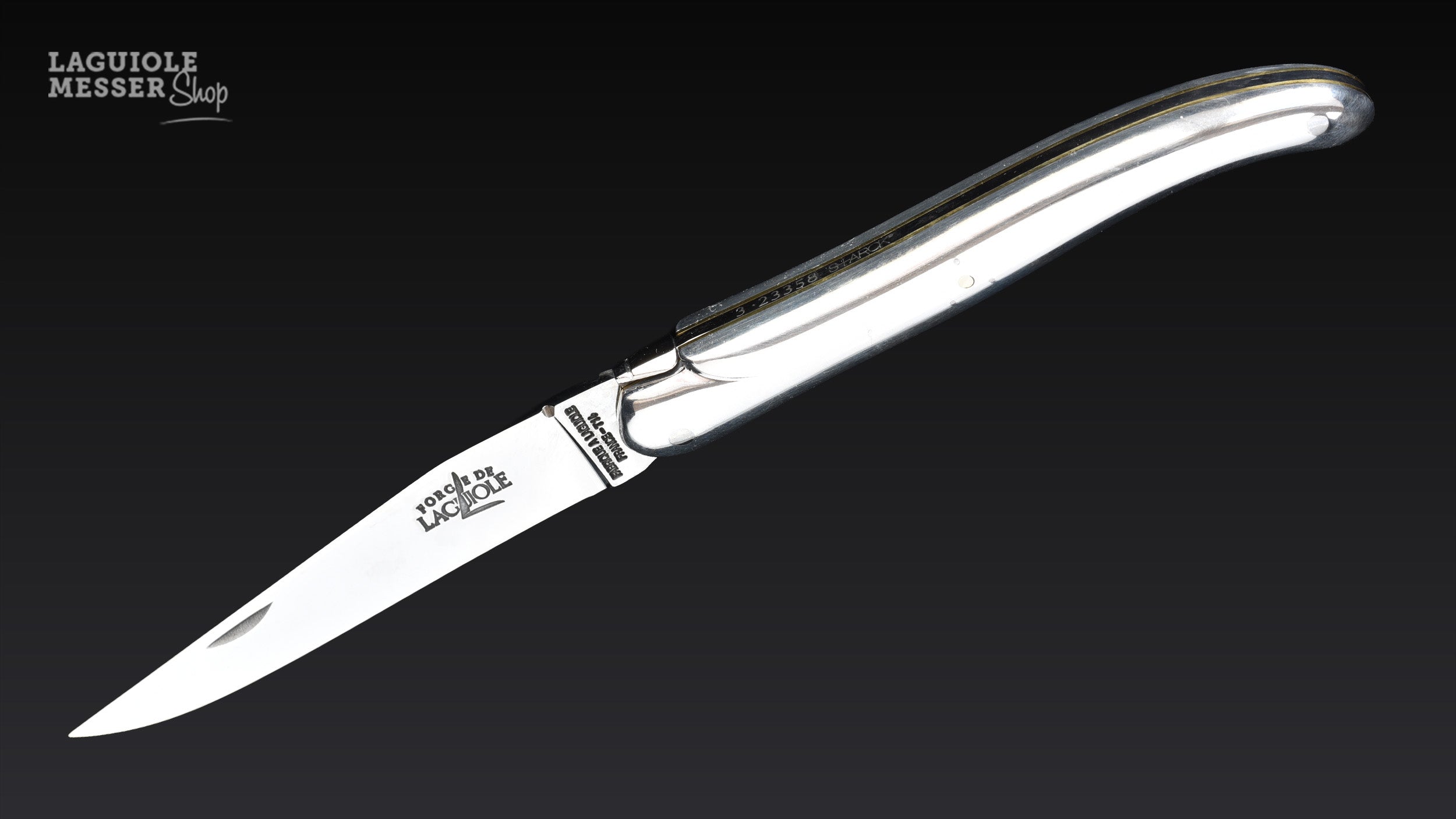 Forge de Laguiole Taschenmesser 11 cm, Design Philippe Starck, Aluminiumgriff mit Messingstreifen und geöffneter Klinge