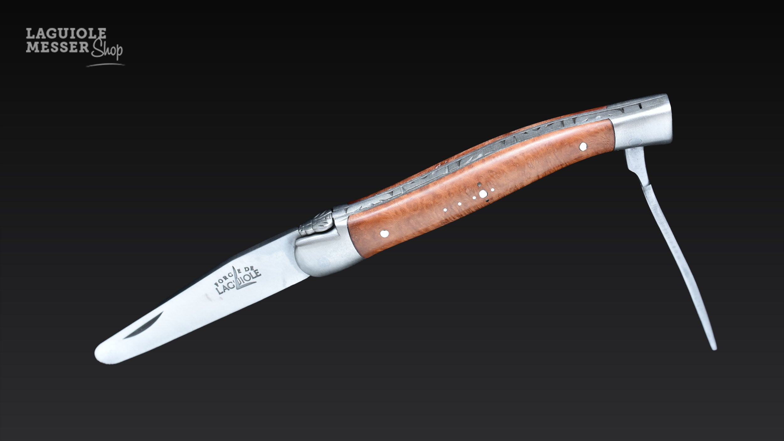 Forge de Laguiole Pfeifenbesteck mit Holzgriff, geöffneter Klinge und Pfeifenräumer