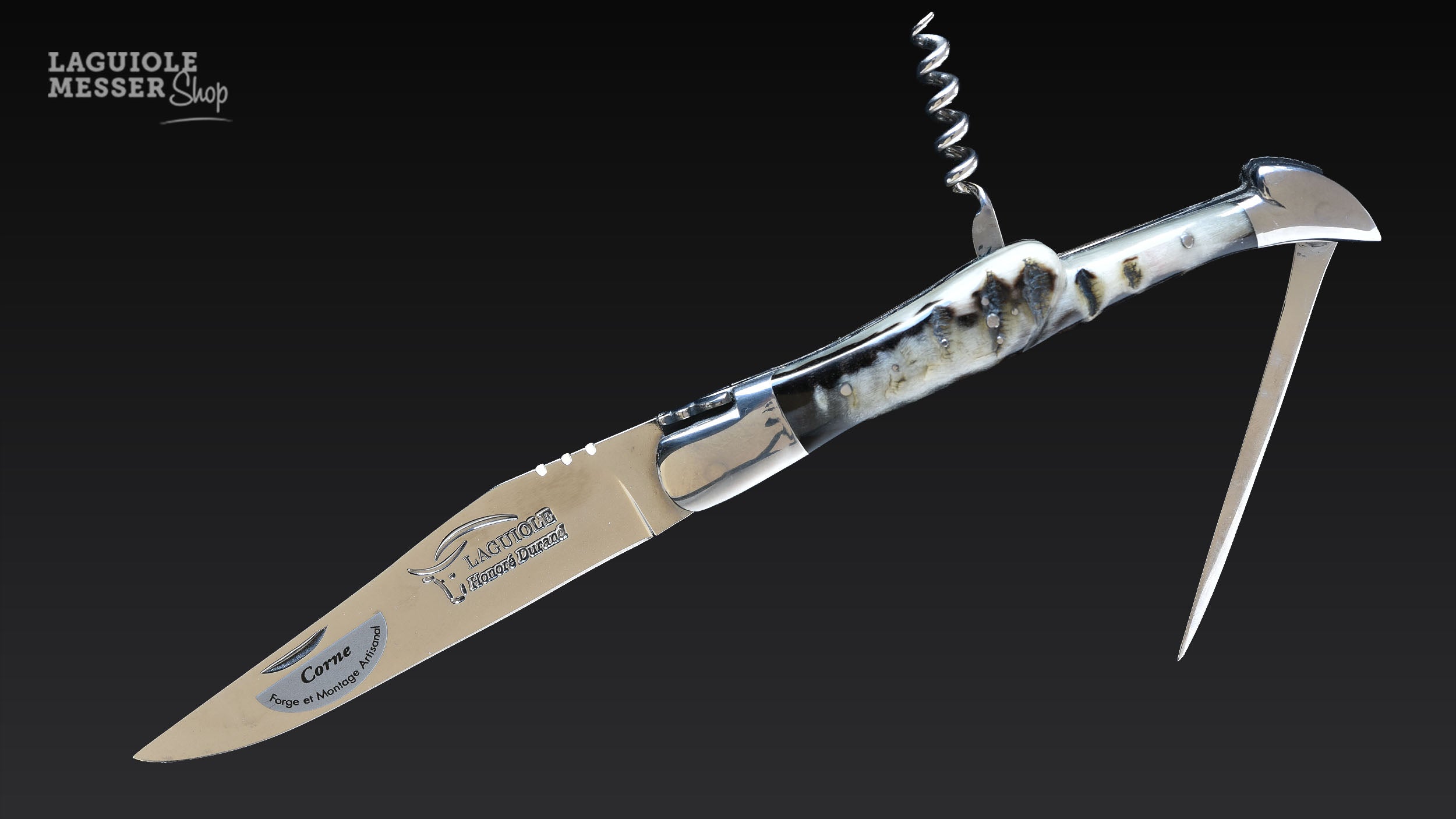 Geöffnetes Honoré Durand Taschenmesser mit Klinge, Dorn und Widderhorngriff