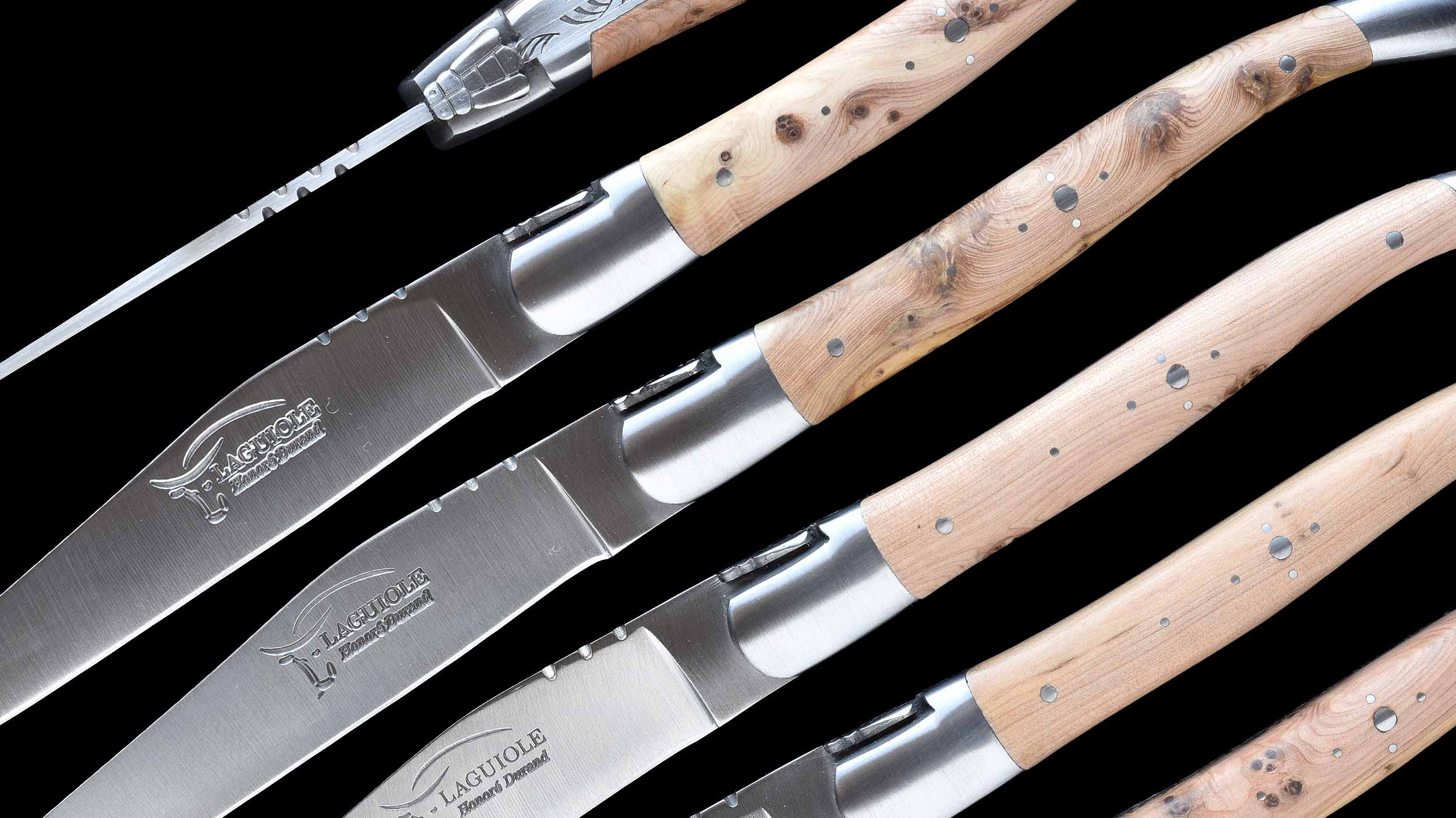 Honoré Durand Laguiole Steakmesser Biene aufgeschweisst Griff Wacholderholz Detailansicht