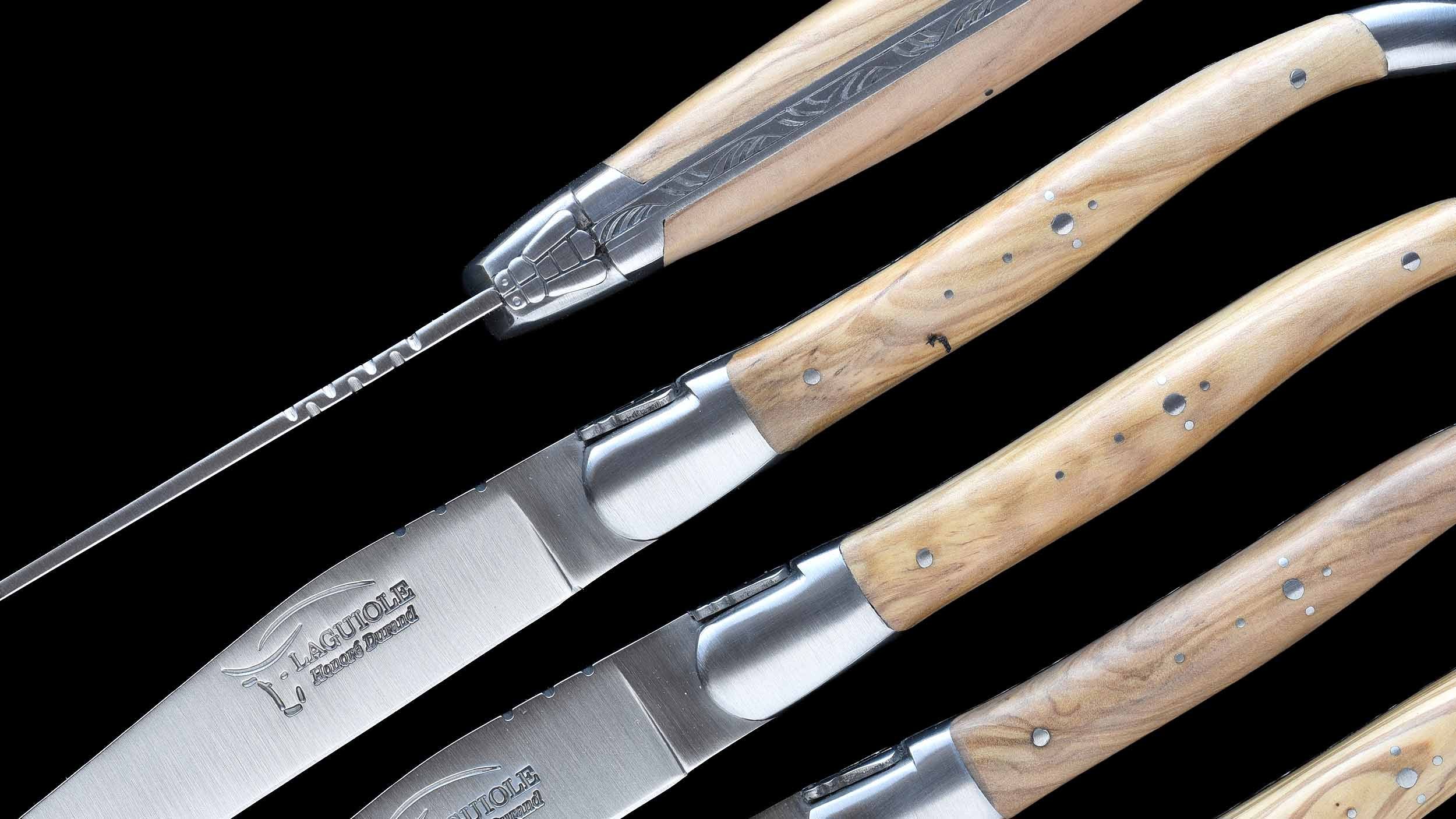 Honoré Durand Laguiole Steakmesser Biene aufgeschweisst Griff Olivenholz Detailansicht