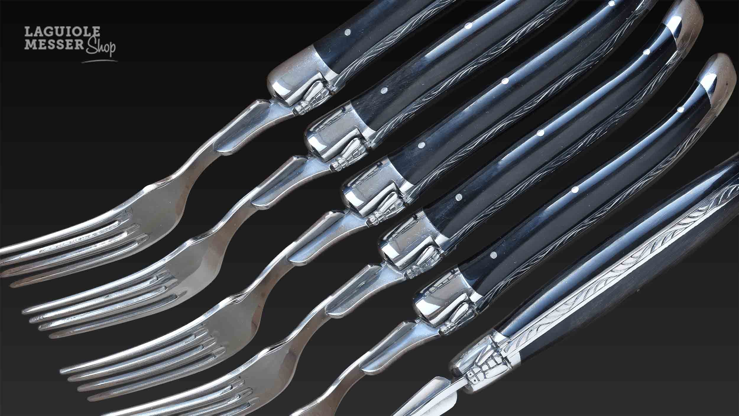 Laguiole Gabelset 6-teilig aus schwarzer Hornspitze von Honoré Durand