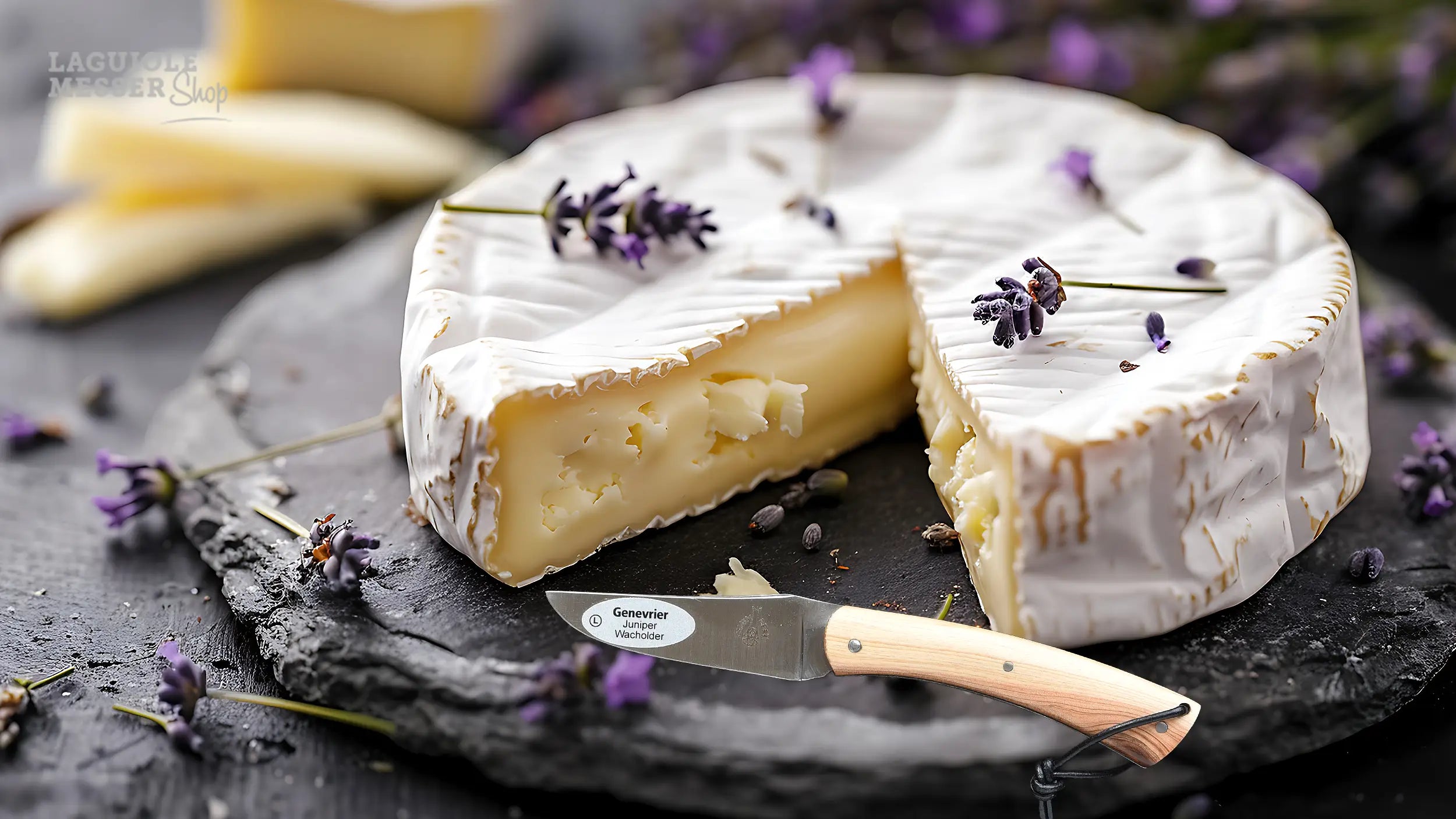 CAMEMBERT Messer von Laguiole en Aubrac mit Wacholderholzgriff vor angeschnittenem Camembert auf Schieferplatte