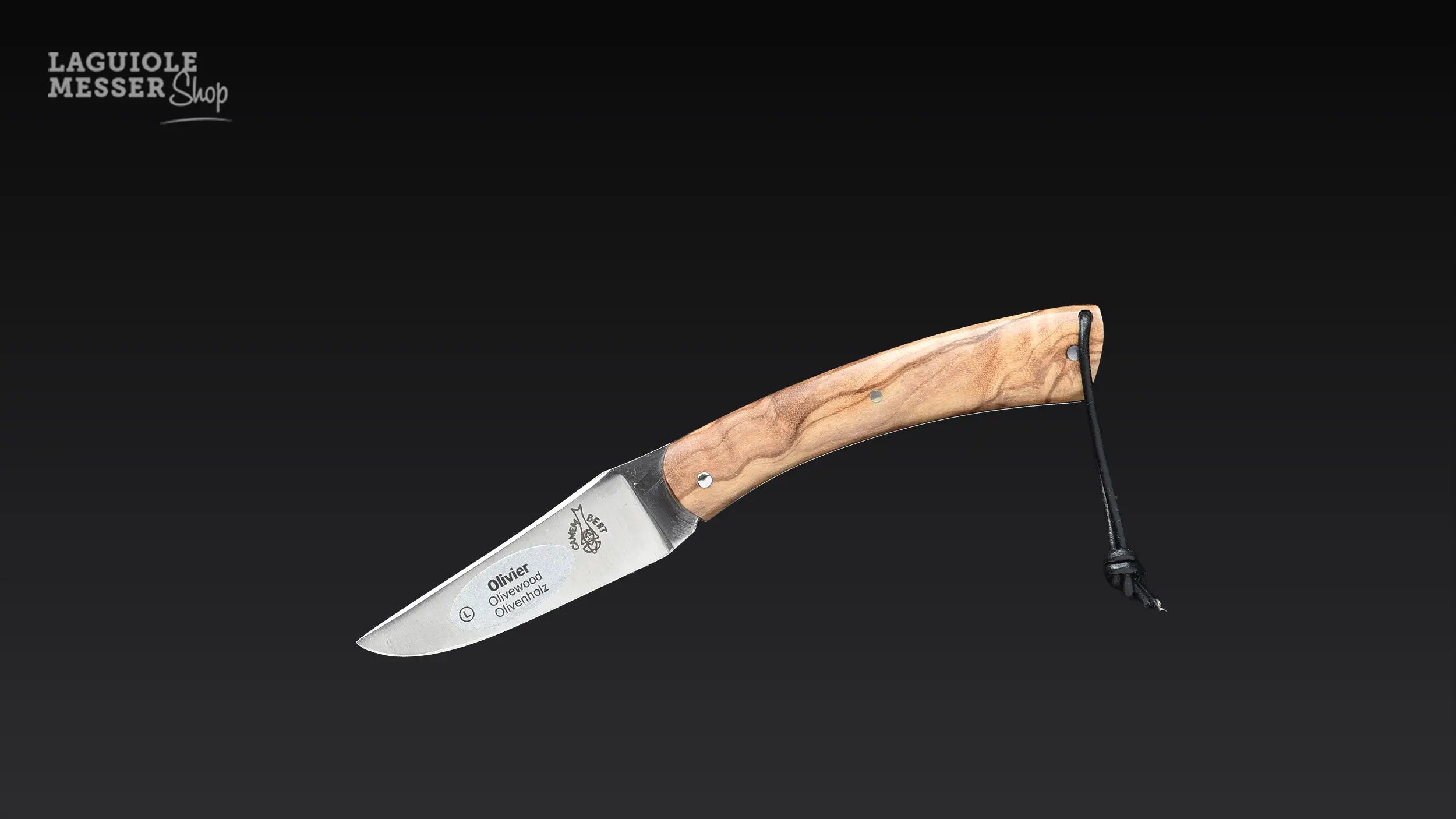 CAMEMBERT Messer von Laguiole en Aubrac mit Griff aus Olivenholz, 8 cm Klinge aus 12C27 Sandvikstahl und passendem Lederetui