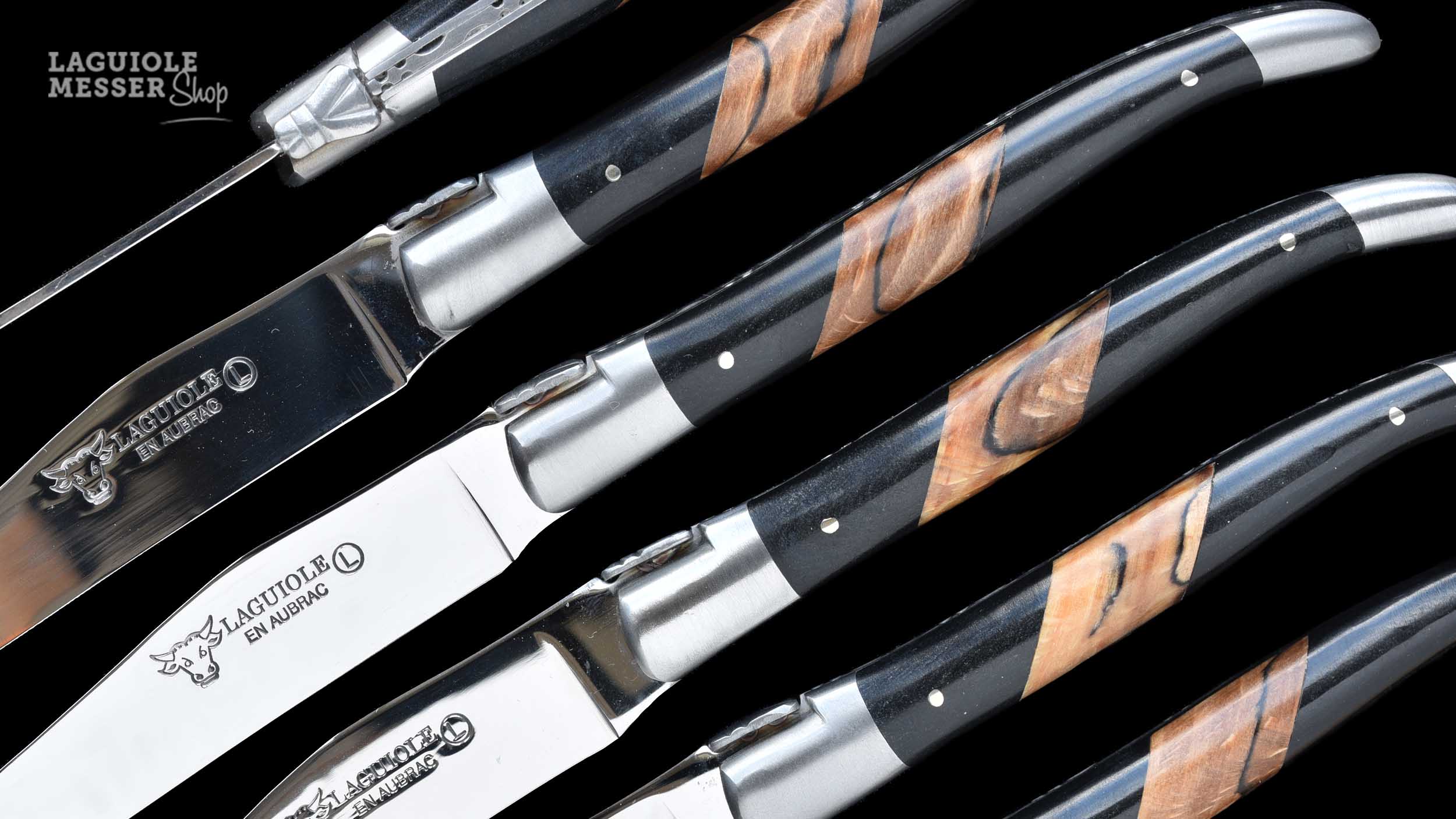 Laguiole en Aubrac, Details  des Steakmesserset mit polierter Klinge und satinierter Mouche, Bois d'aubrac 