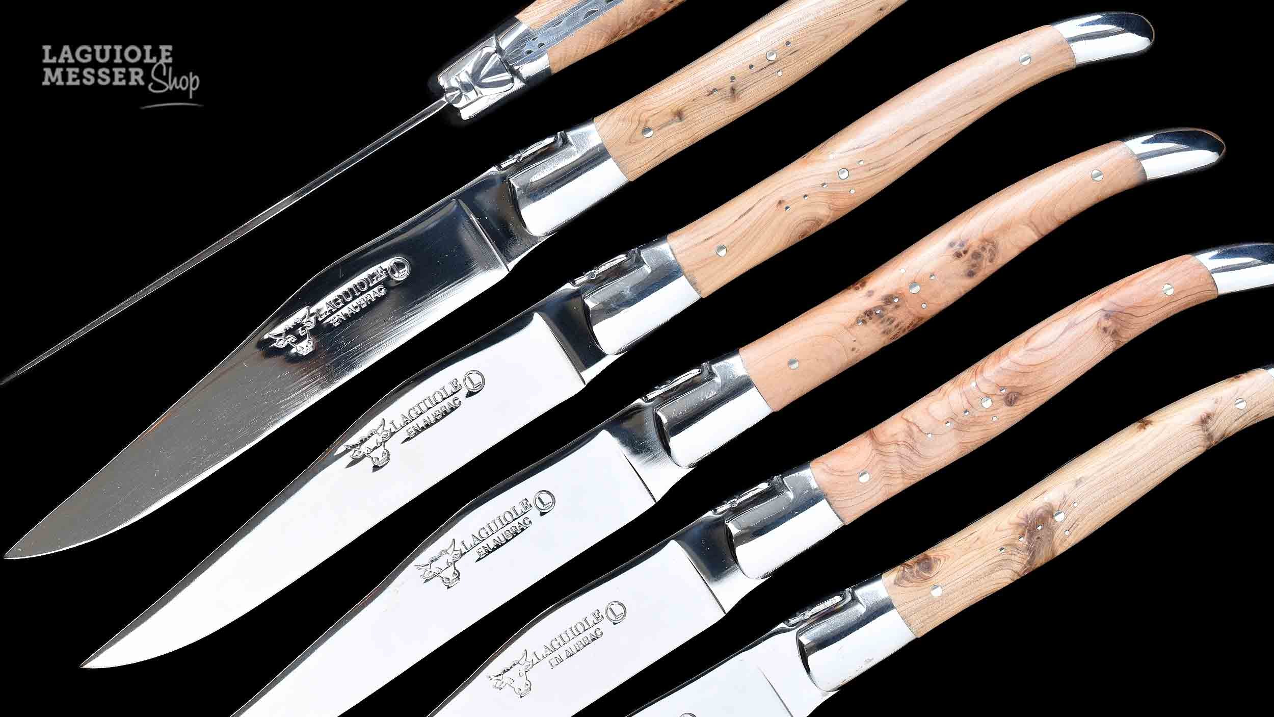 Laguiole en Aubrac, Steakmesserset mit polierter Klinge und polierter Mouche, Wacholderholz