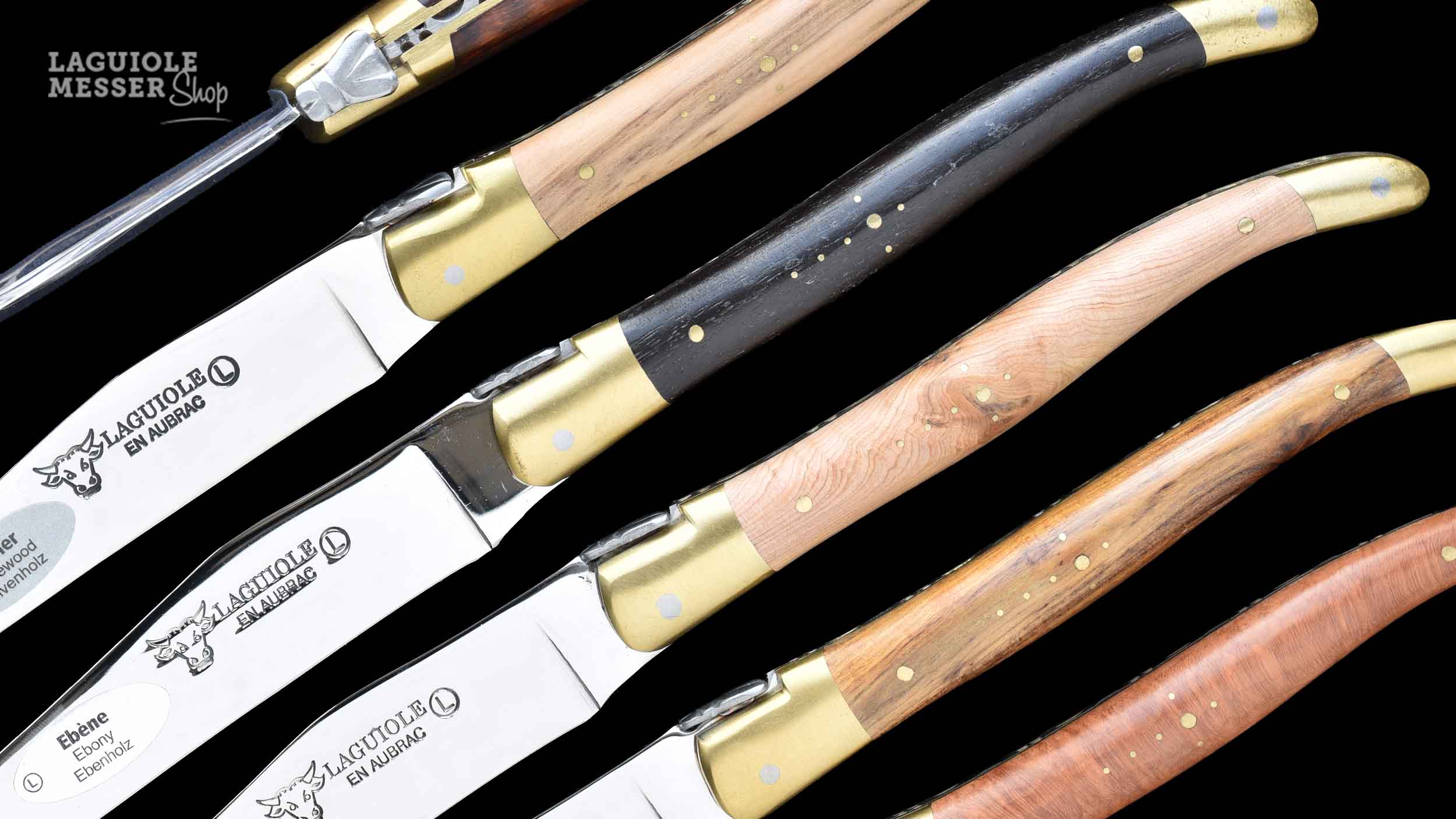 Unterschiedliche Holzarten mit individueller Maserung bei Laguiole en Aubrac Steakmessern