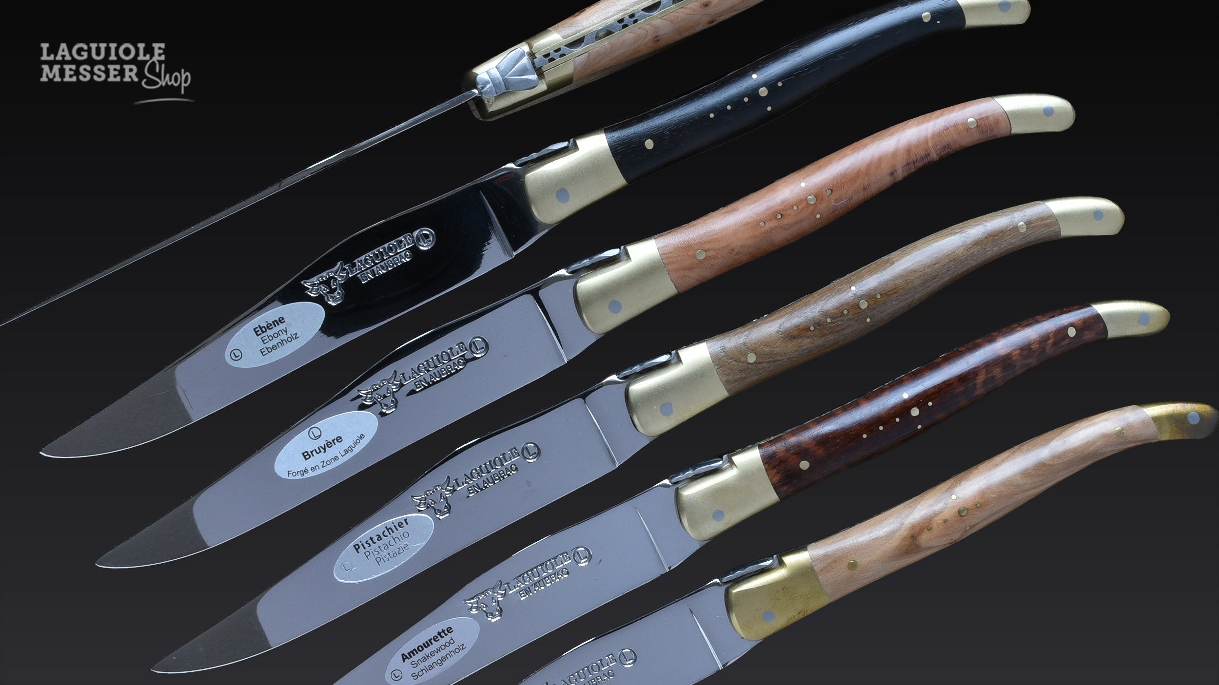 Laguiole en Aubrac Steakmesserset mit sechs unterschiedlichen Holzgriffen und satinierten Messing-Heftbacken