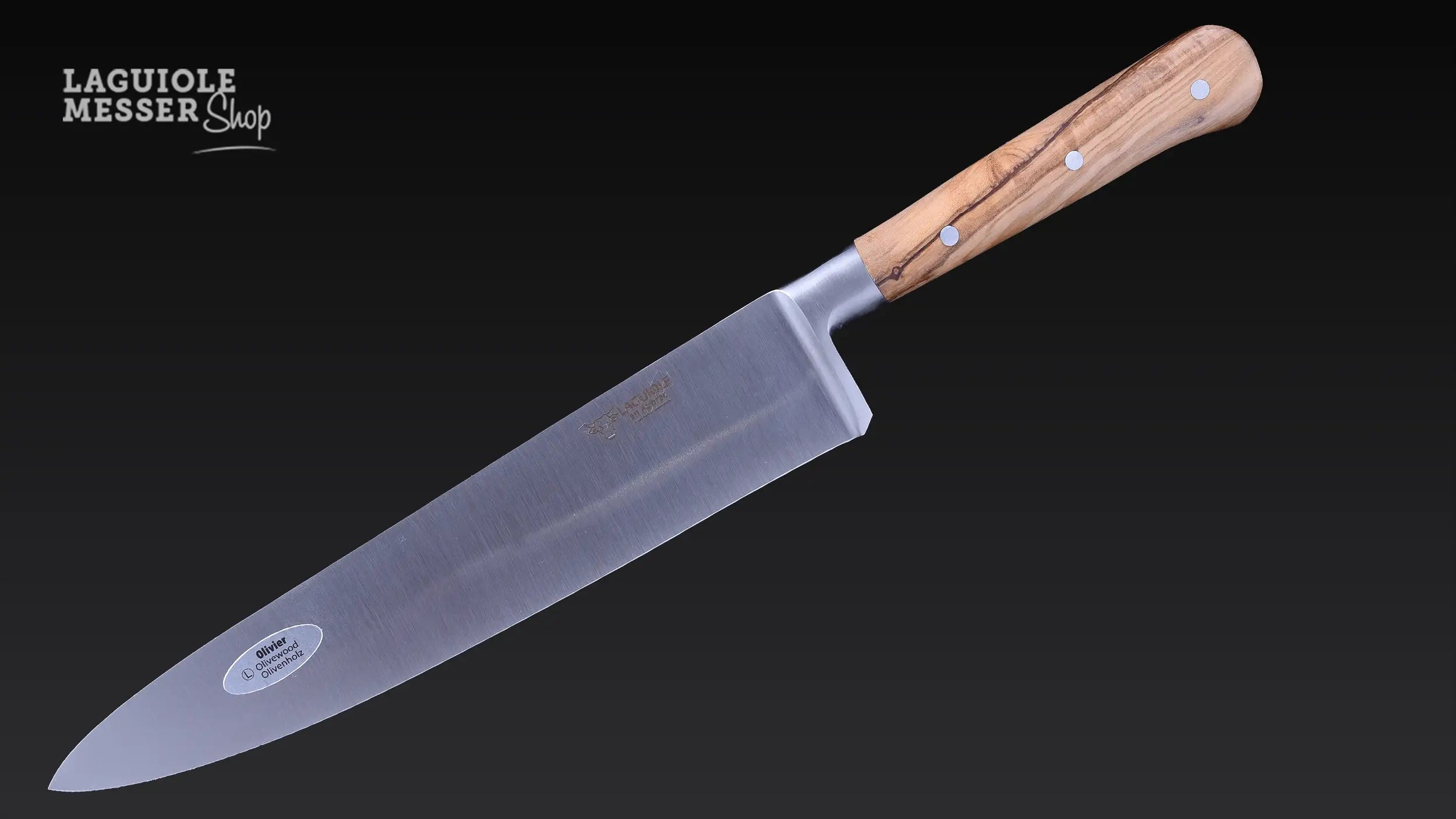 Laguiole en Aubrac Küchenmesser mit 20 cm Klinge und Griffschalen aus Olivenholz