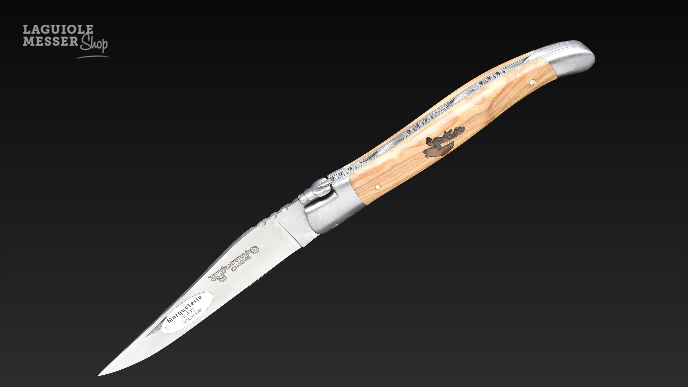 Laguiole en Aubrac Taschenmesser mit Naturholzgriff und Hirsch-Intarsie, geöffnet