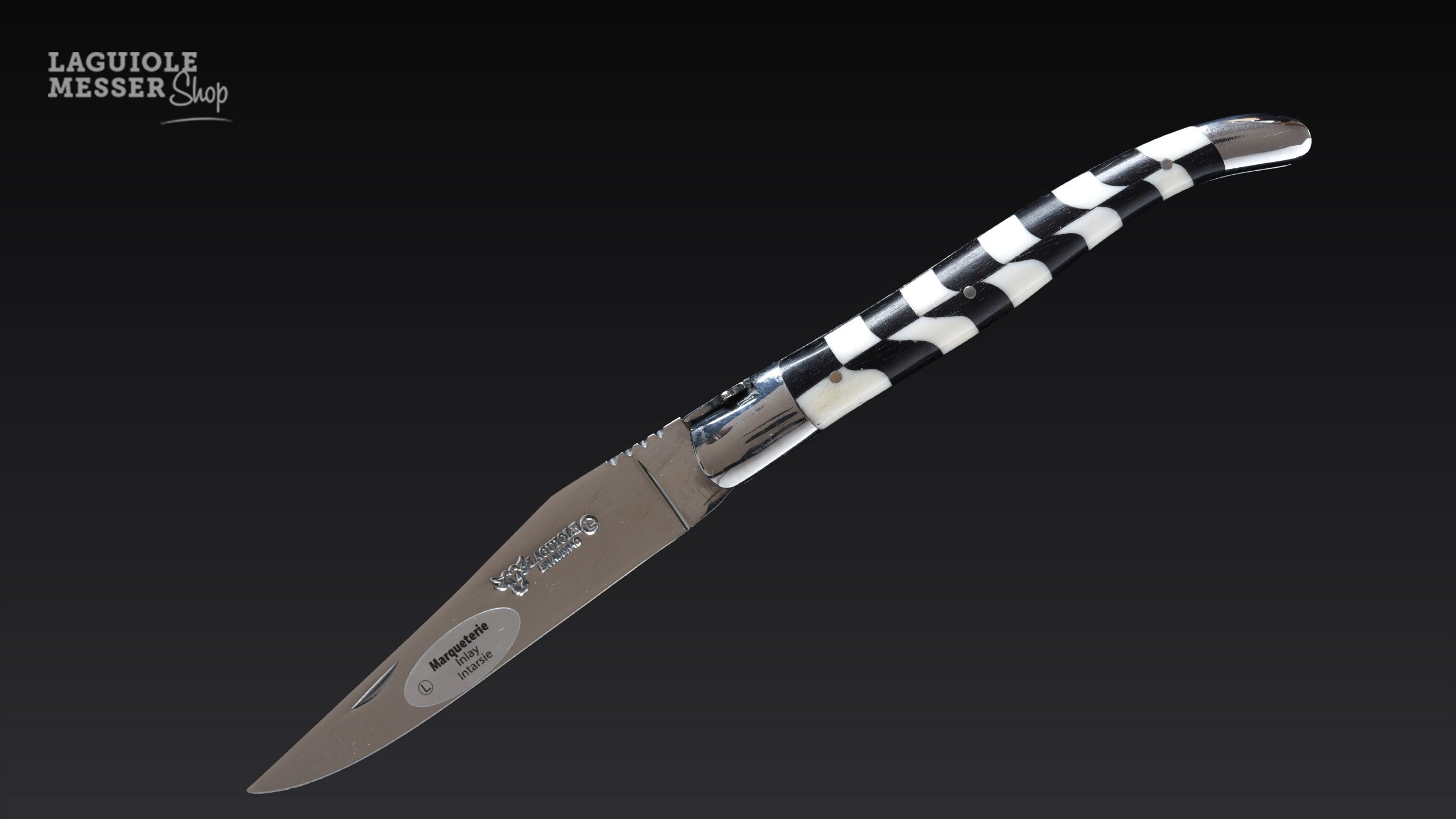 Laguiole en Aubrac Taschenmesser 12 cm mit Knochen- und Ebenholzgriff, Freimaurer-Mouche, Inox-Heftbacken, Klinge aus 12C27-Stahl