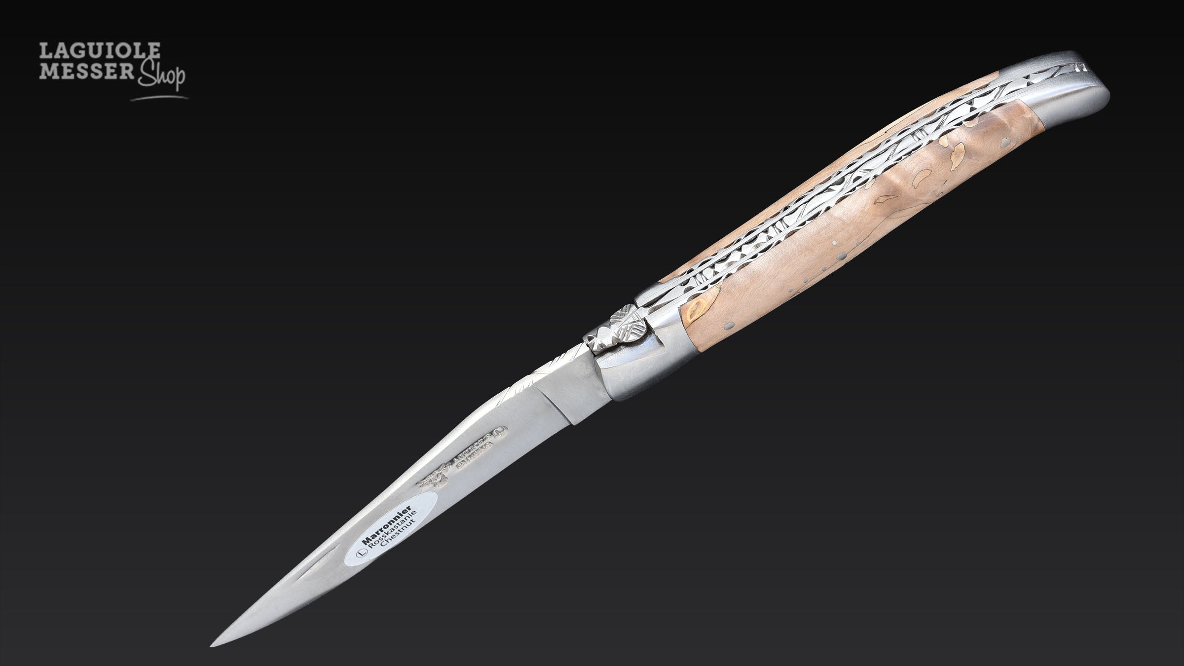 Laguiole Taschenmesser Rosskastanie mit doppelten Platinen und verzierter Feder