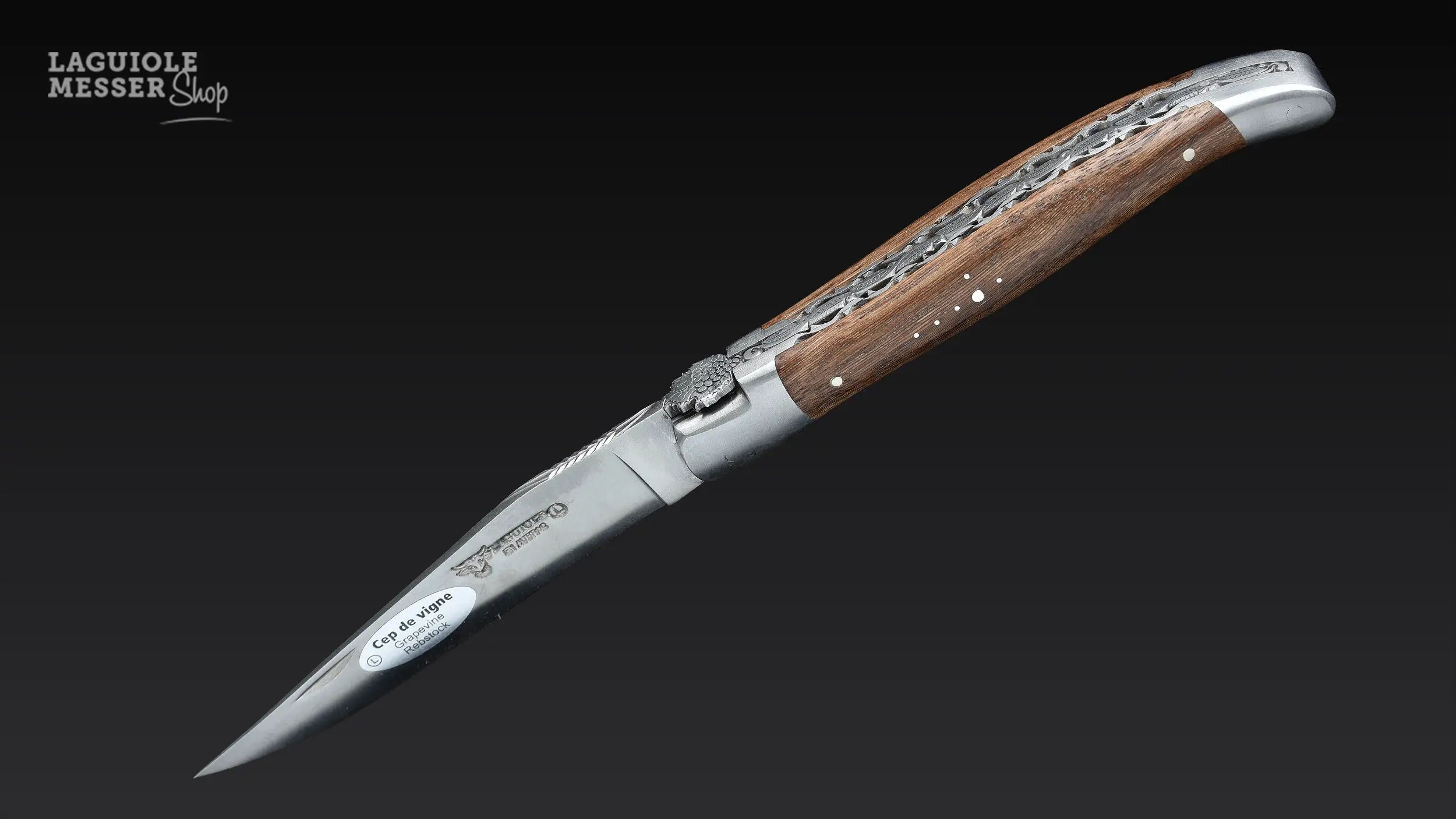 Laguiole en Aubrac Taschenmesser mit Rebenholzgriff, Reben-Biene und geöffneter Klinge