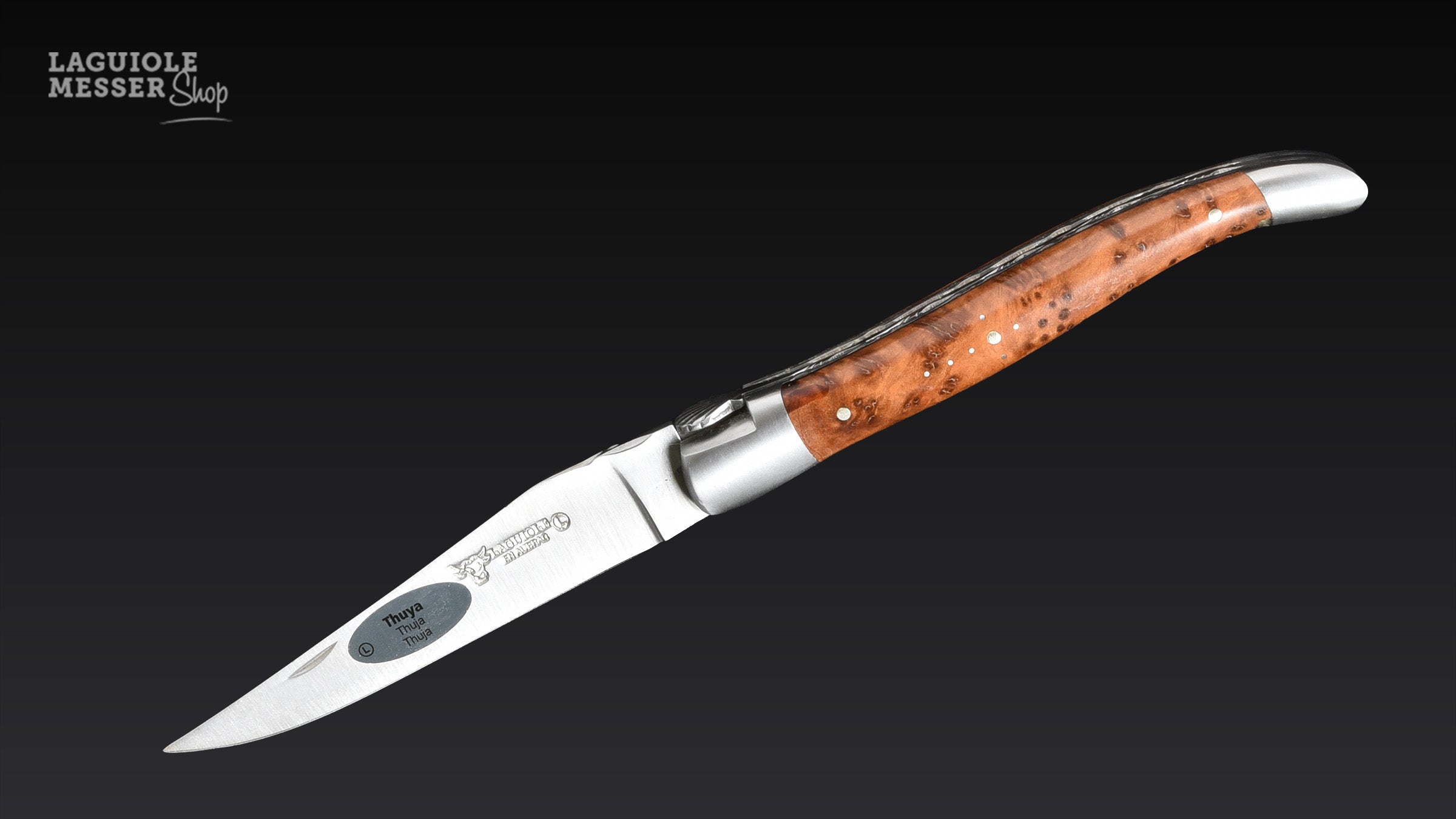 Laguiole en Aubrac Taschenmesser mit Thuja-Holzgriff und Coquille St. Jacques, geöffnet