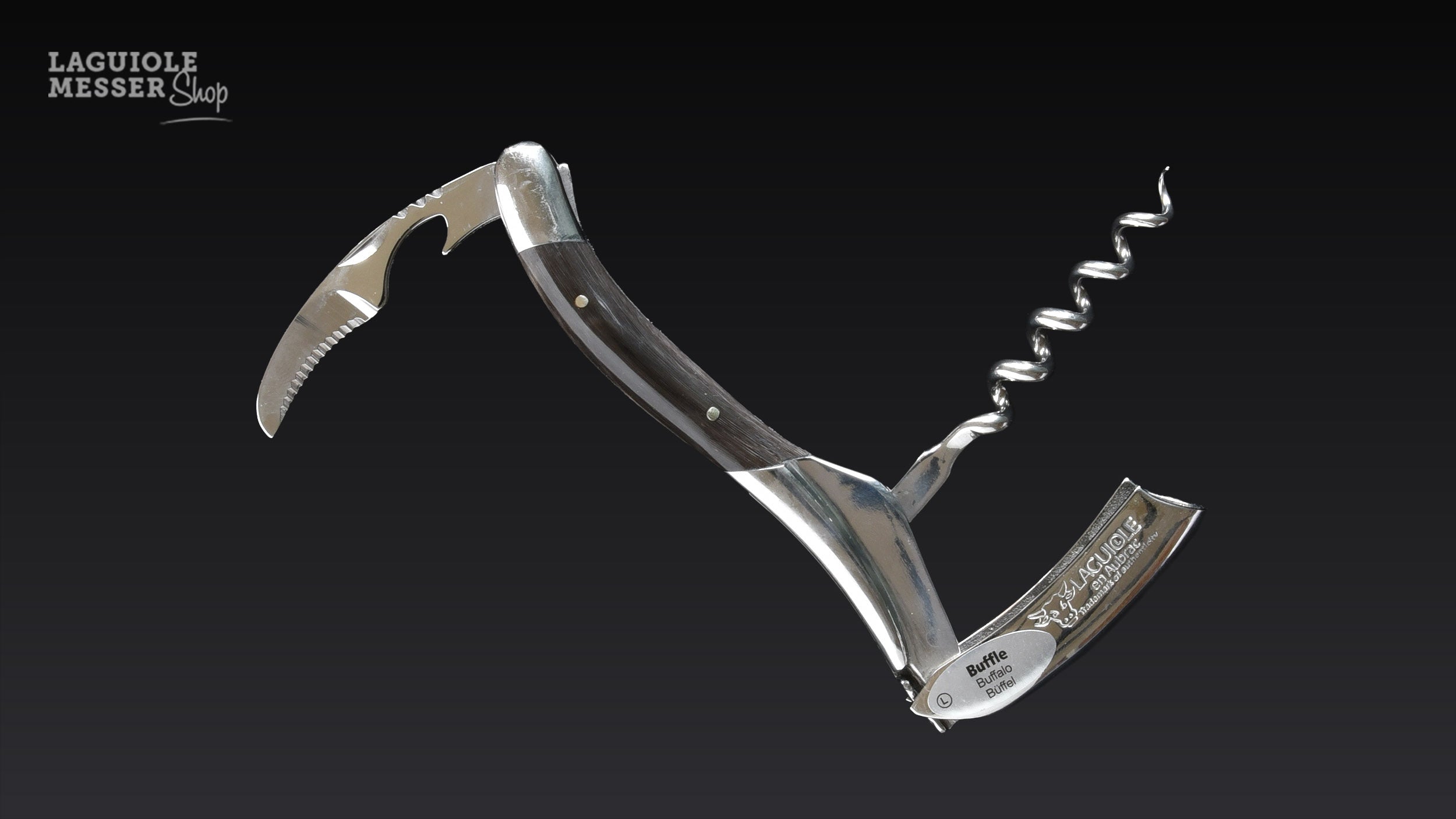 Honoré Durand Laguiole Sommelier Taschenmesser mit geöffnetem Kapselschneider und Korkenzieher