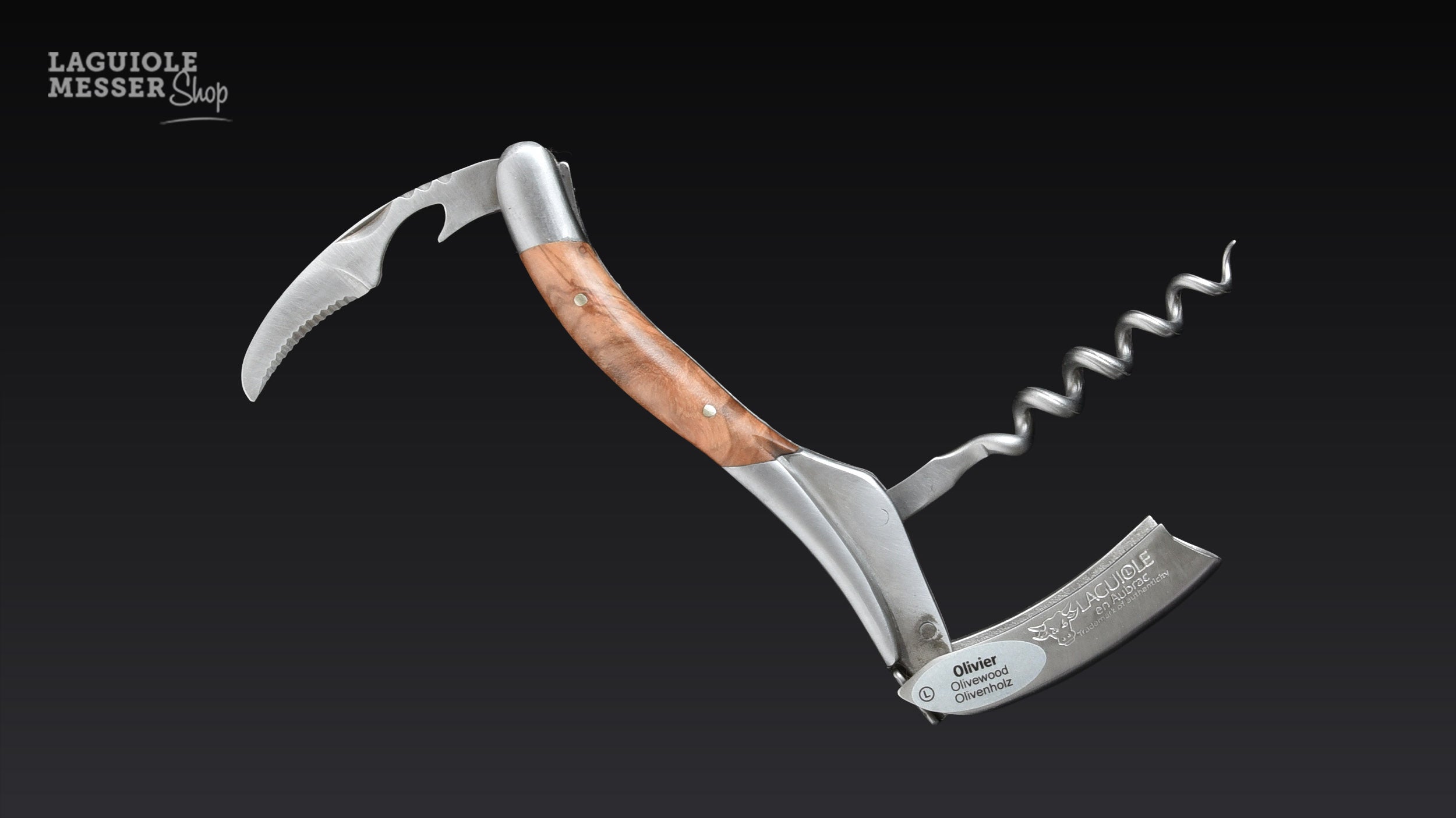 Honoré Durand Laguiole Sommelier Taschenmesser mit geöffnetem Kapselschneider und Korkenzieher