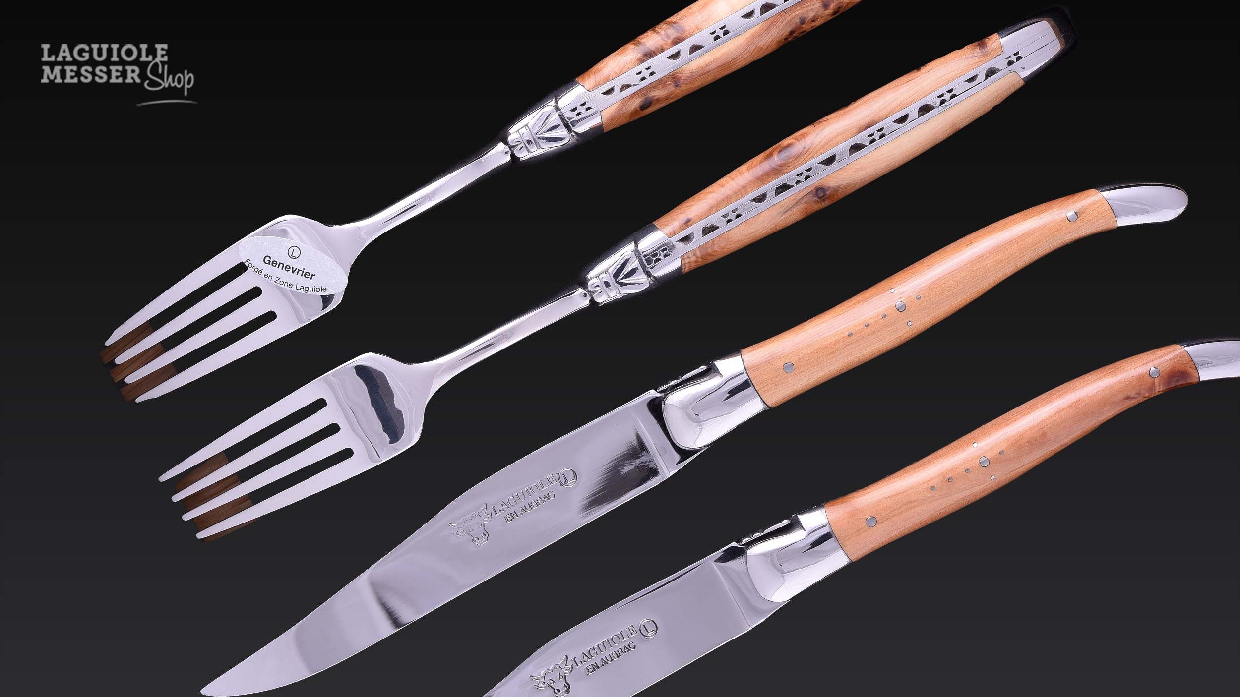 Laguiole en Aubrac Tête-à-Tête Besteckset mit Wacholderzgriffen brilliant