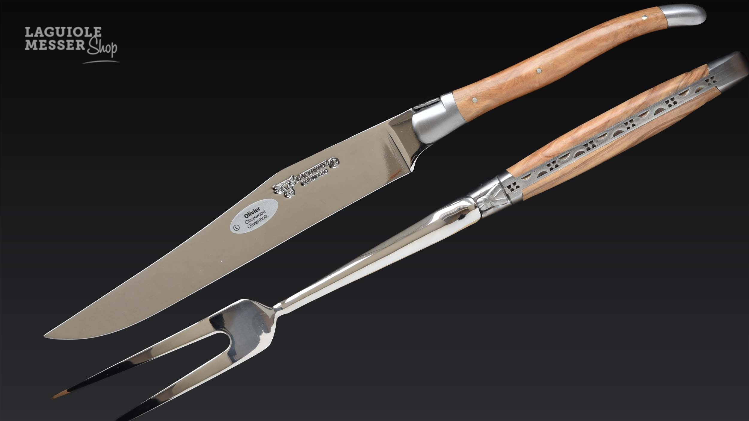 Tranchiermesser und Fleischgabel mit Griffen aus Olivenholz von Laguiole en Aubrac