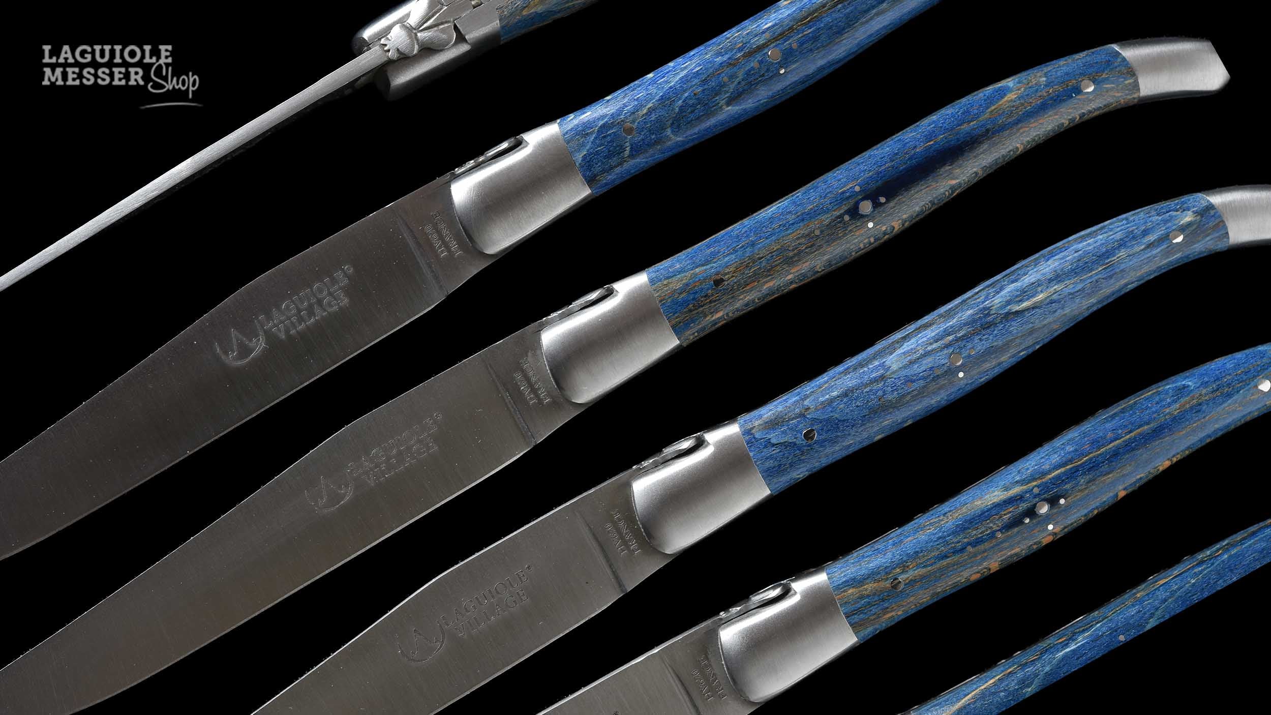 Laguiole Village Steakmesser mit bleu roistabilisiertem Buchenholzgriff, Inox satiniert