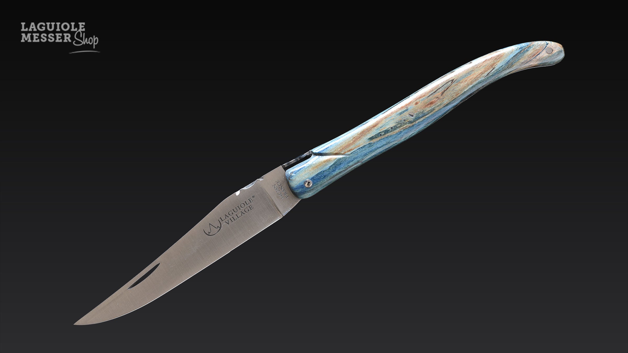 Laguiole Village Taschenmesser mit stabilisiertem Buchenholzgriff hell-blau und torsadierter Feder